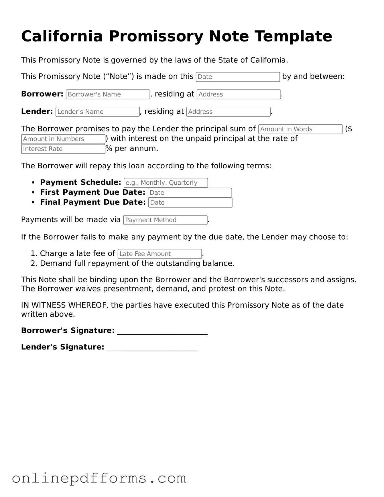 Blank California Promissory Note Form
