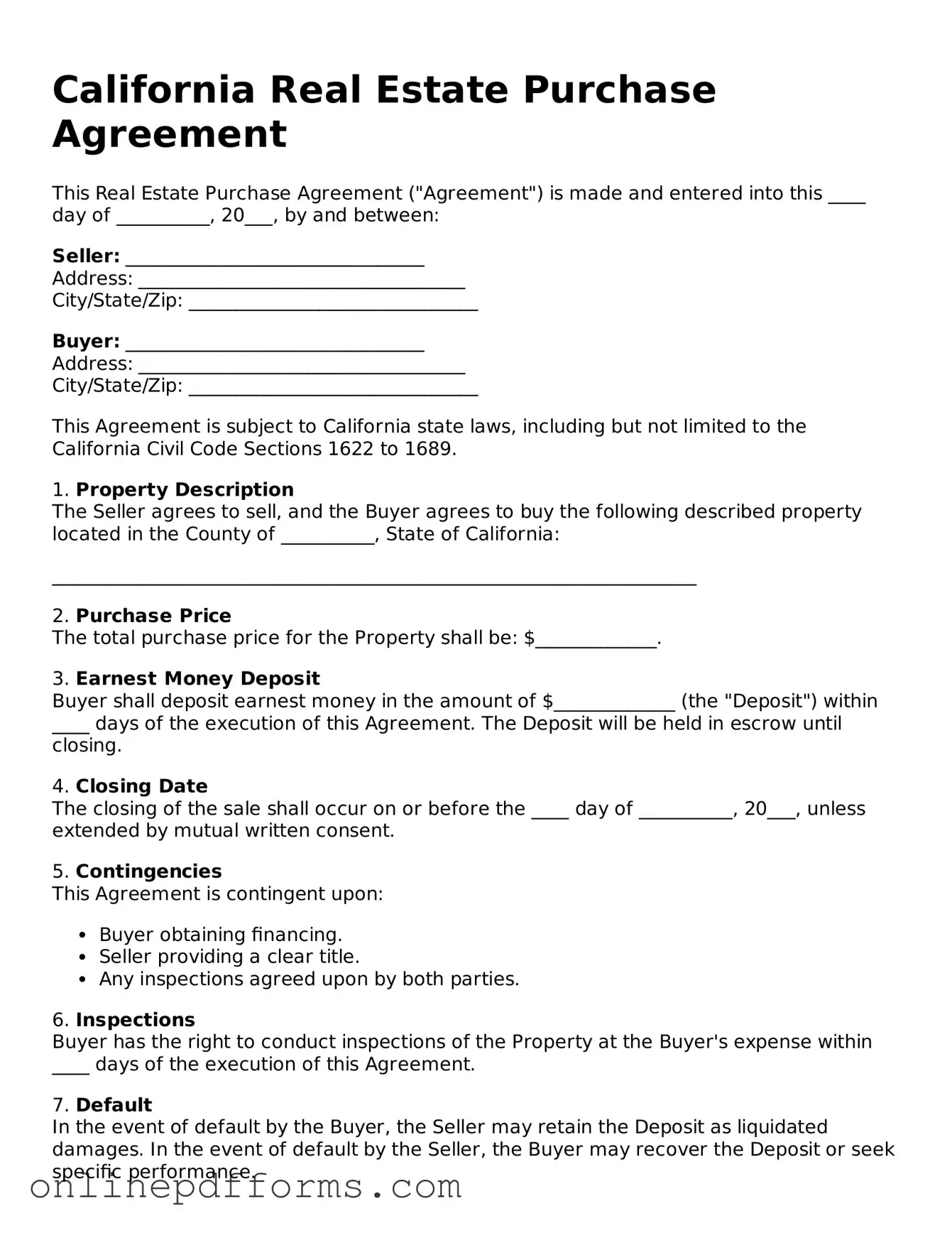 Blank California Real Estate Purchase Agreement Form