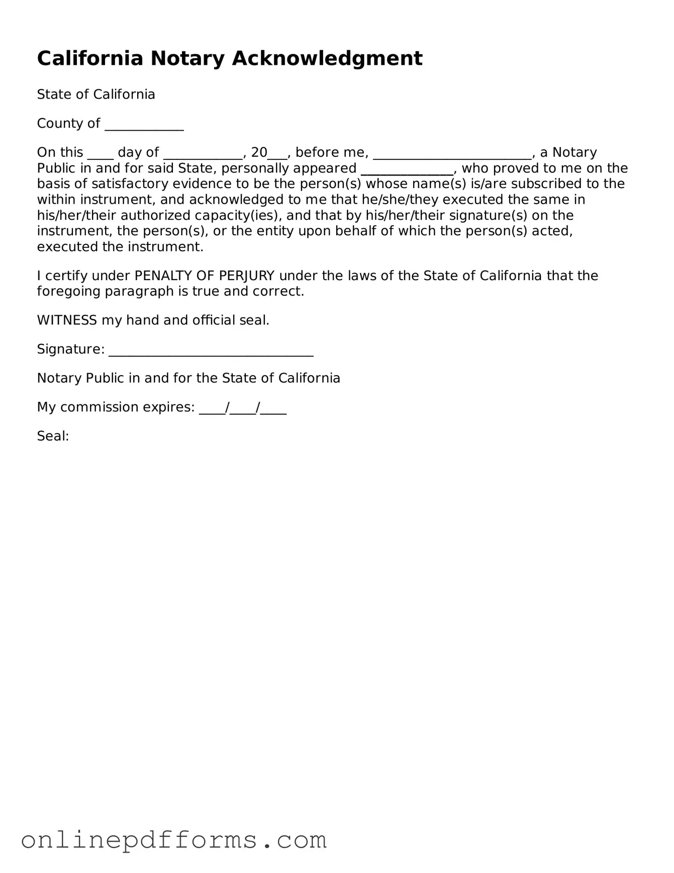 Blank California Notary Acknowledgement Form