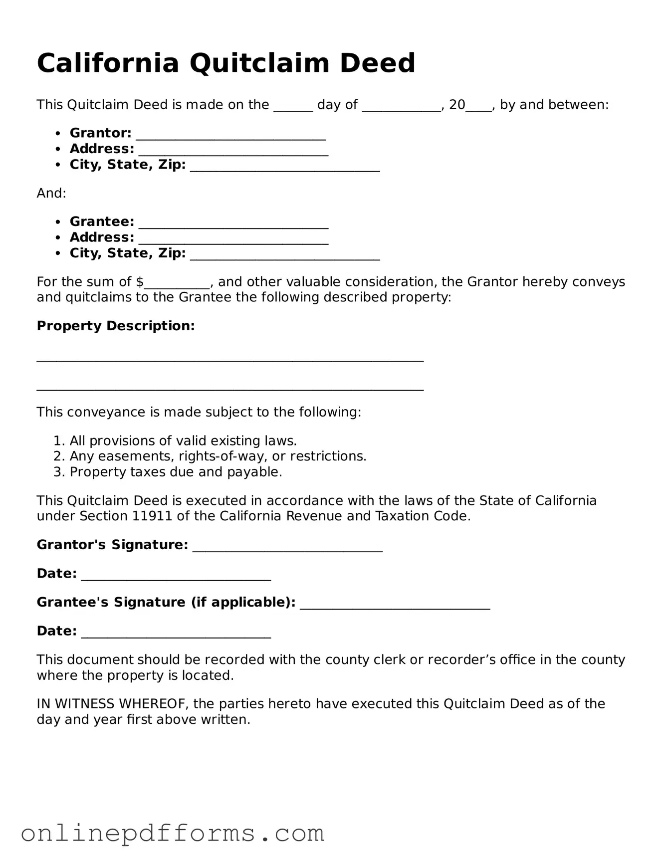 Blank California Quitclaim Deed Form