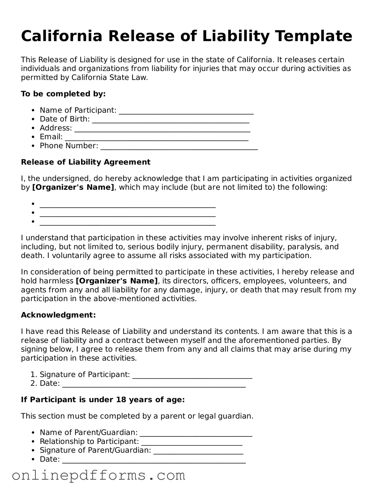 Blank California Release of Liability Form