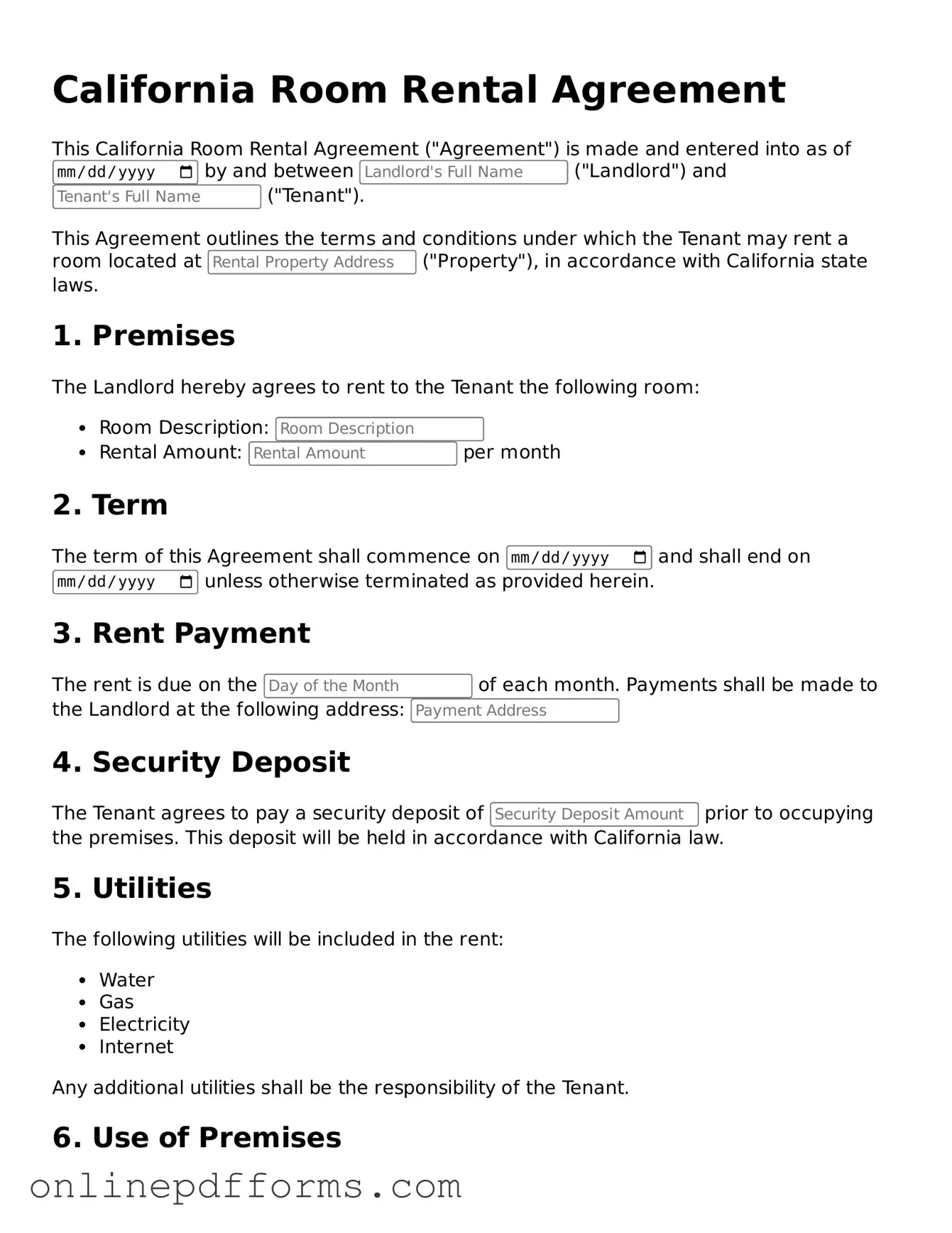 Blank California Room Rental Agreement Form