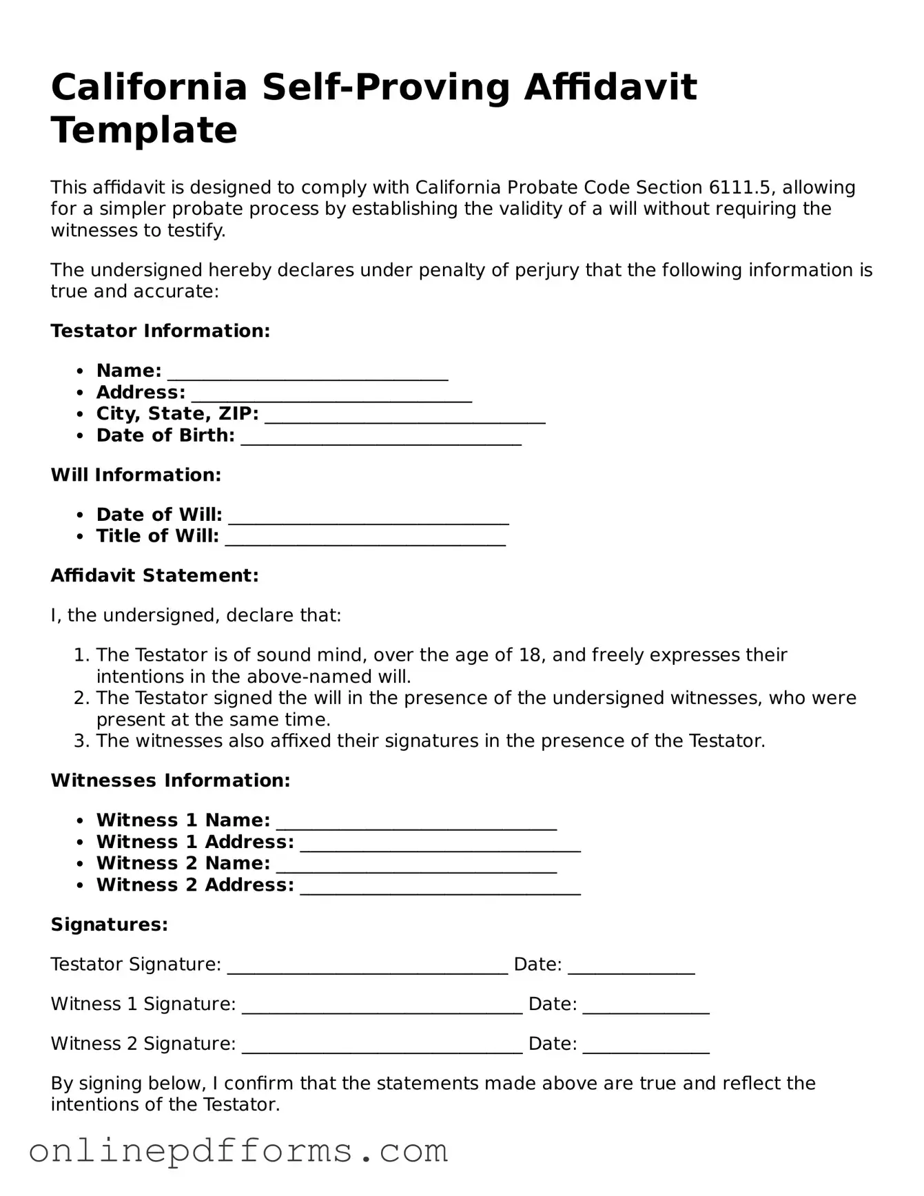 Blank California Self-Proving Affidavit Form