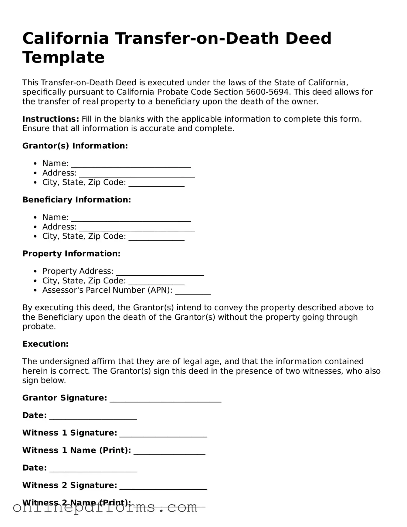 Blank California Transfer-on-Death Deed Form