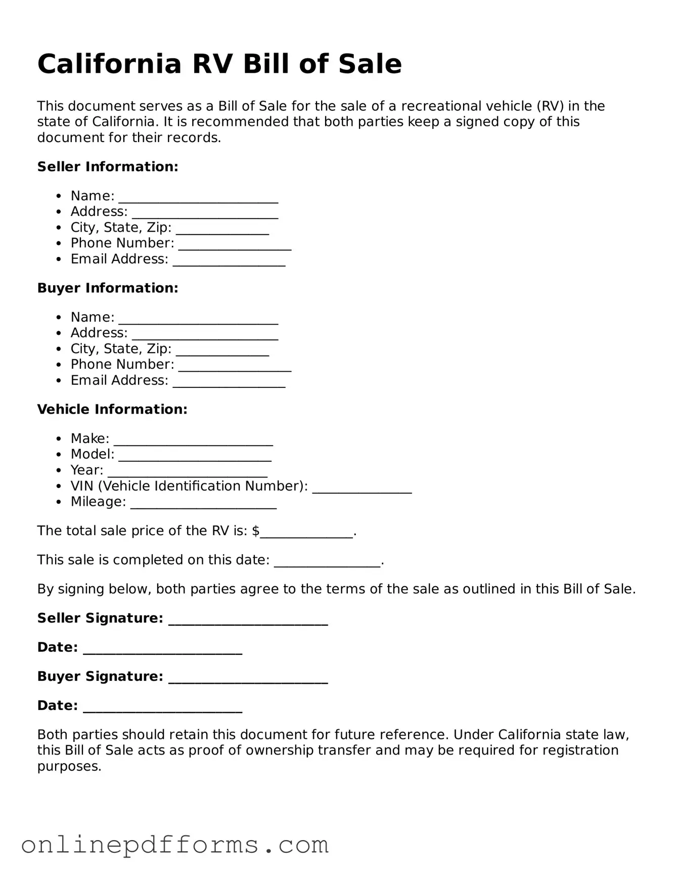 Blank California RV Bill of Sale Form