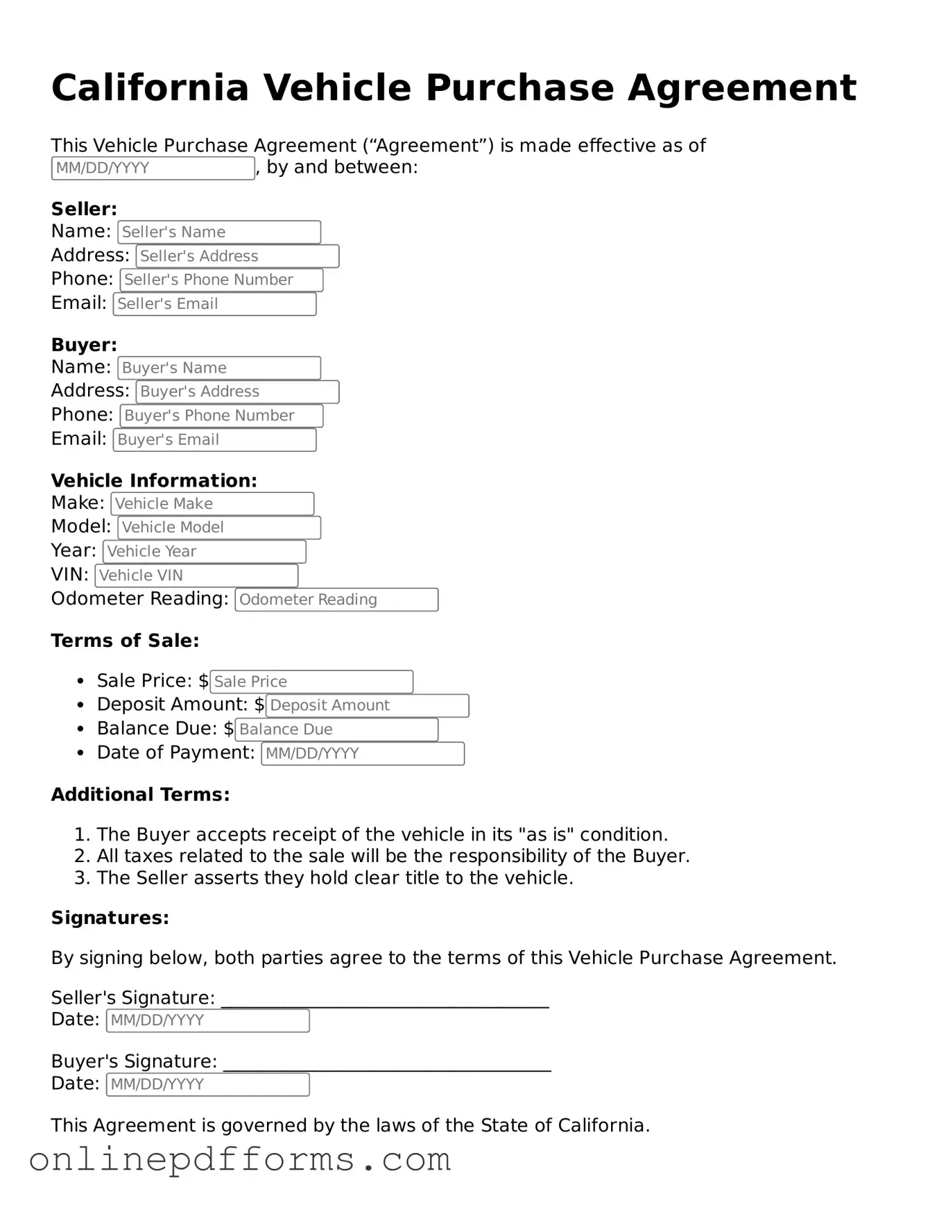 Blank California Vehicle Purchase Agreement Form