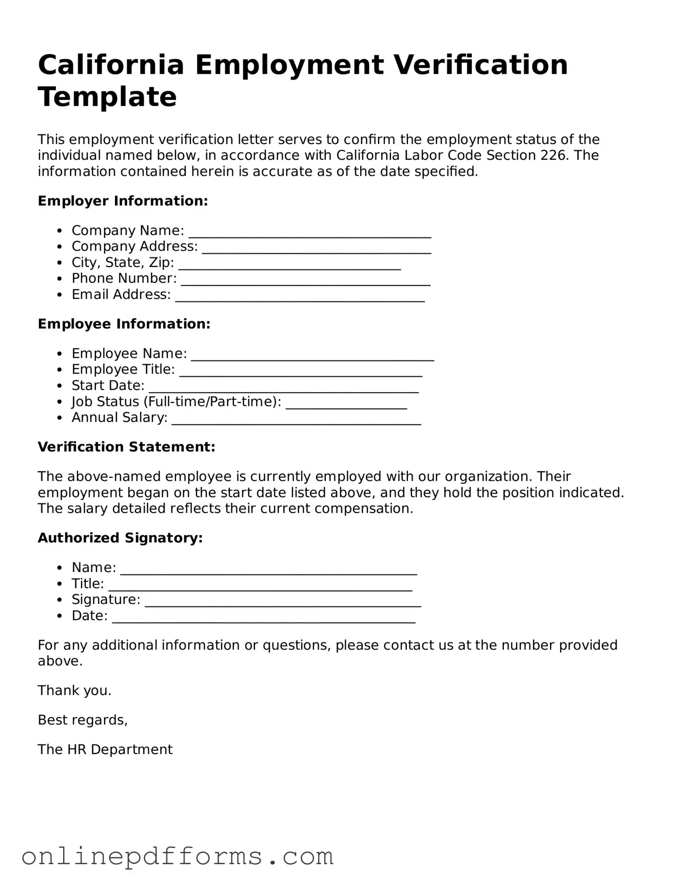Blank California Employment Verification Form