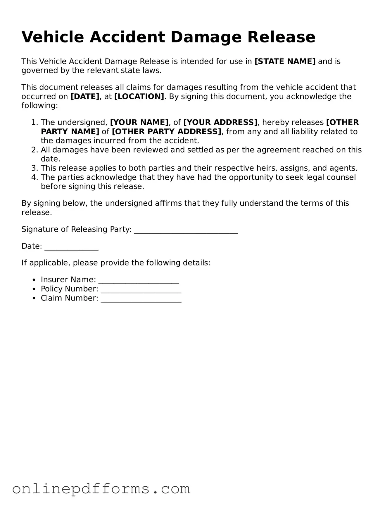 Legal Vehicle Accident Damage Release Form