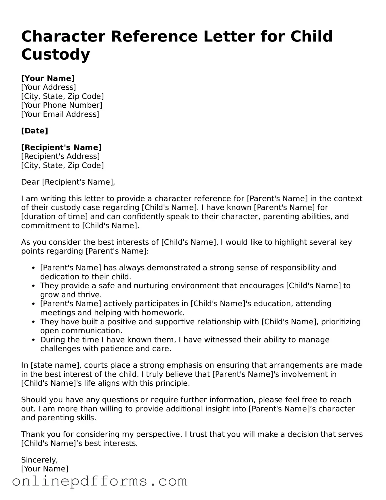 Legal Character Reference Letter for Child Custody Form