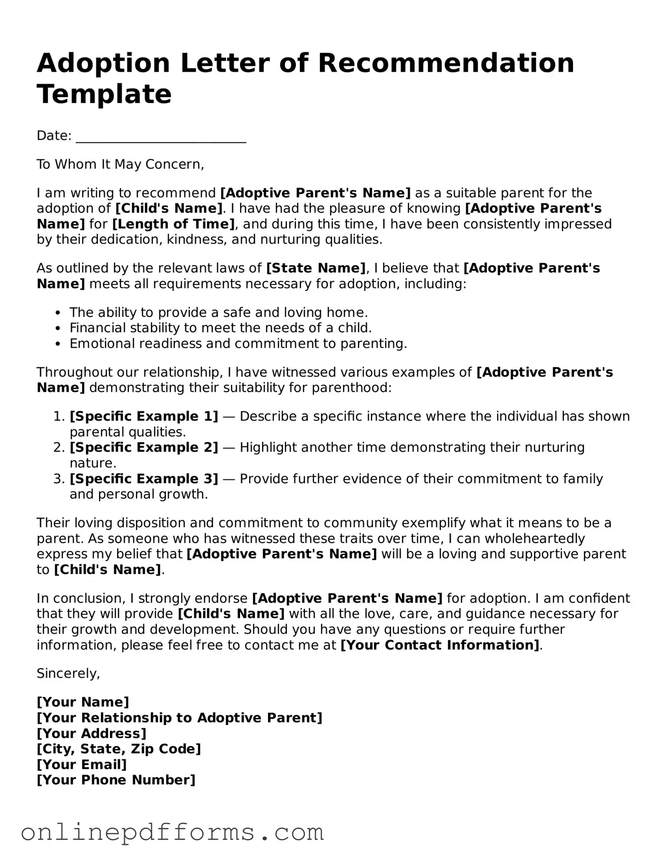 Legal Adoption Letter of Recommendation Form