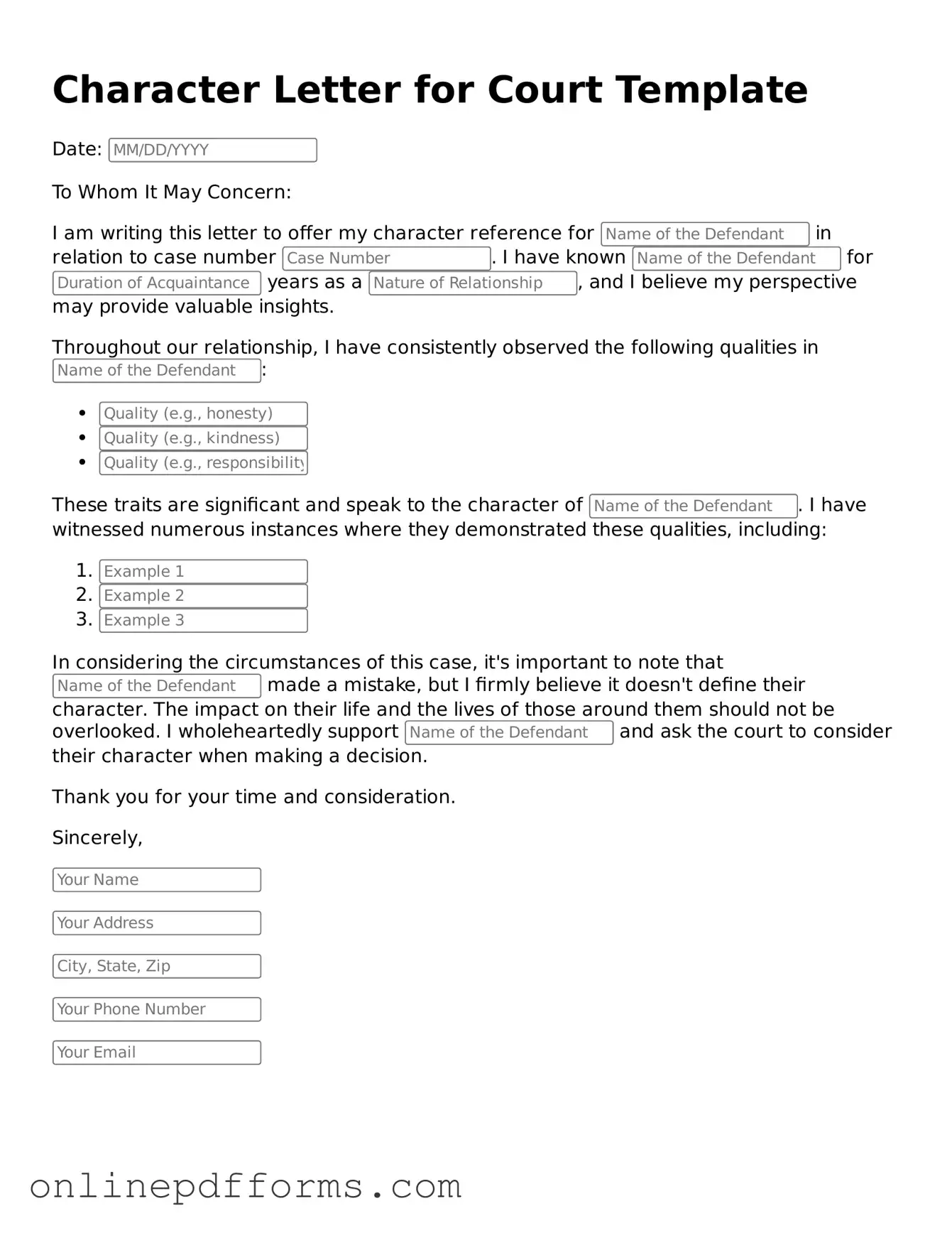 Legal Character Letter for Court Form