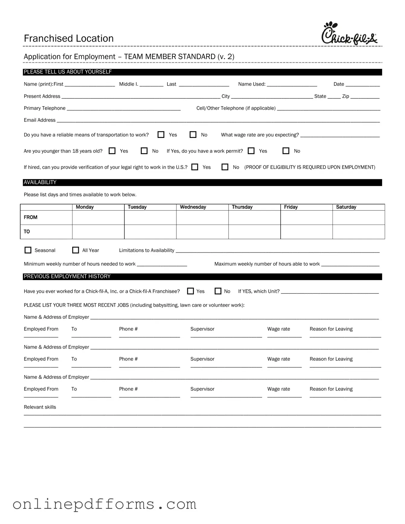 Fill in Your Chick Fil A Job Application Template