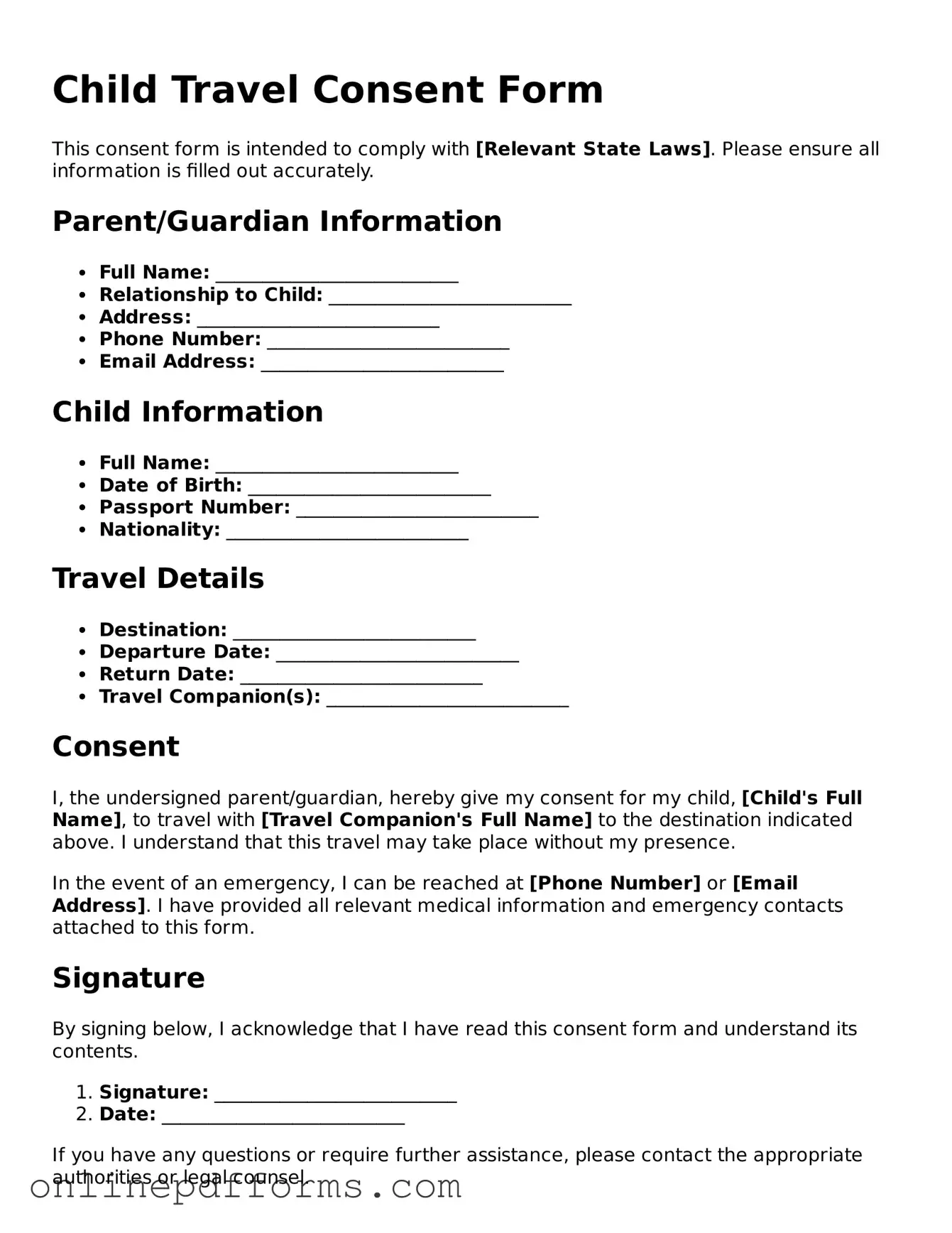 Legal Child Travel Consent Form Form