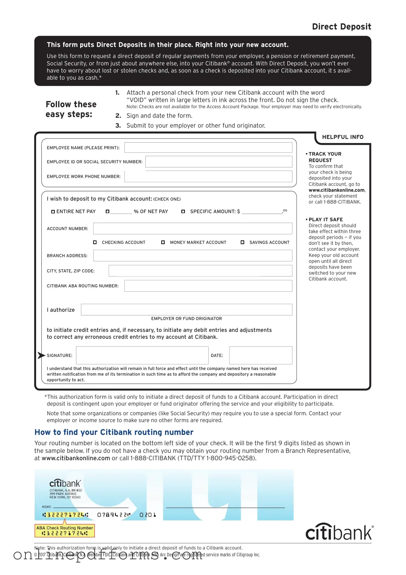 Fill in Your Citibank Direct Deposit Template