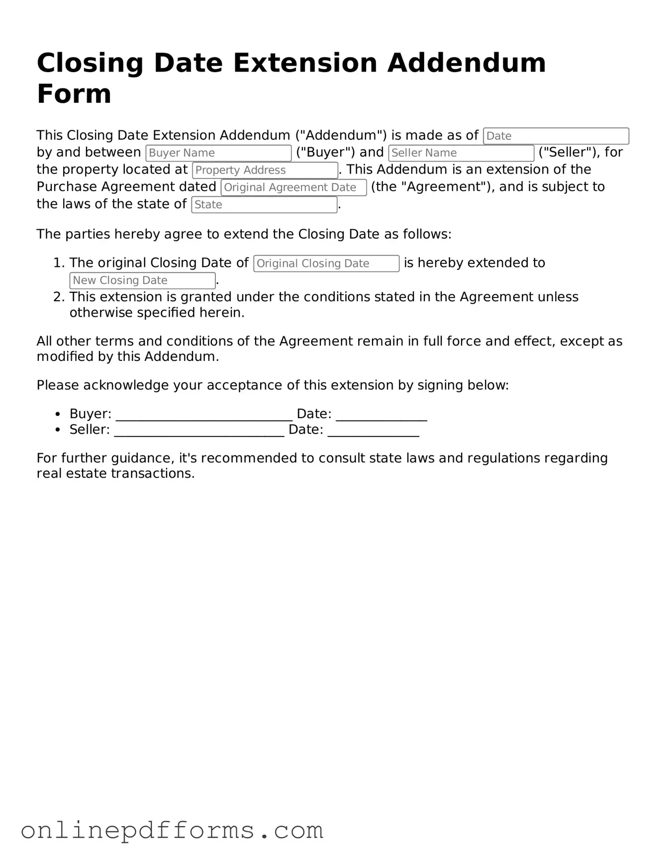 Legal Closing Date Extension Addendum Form Form