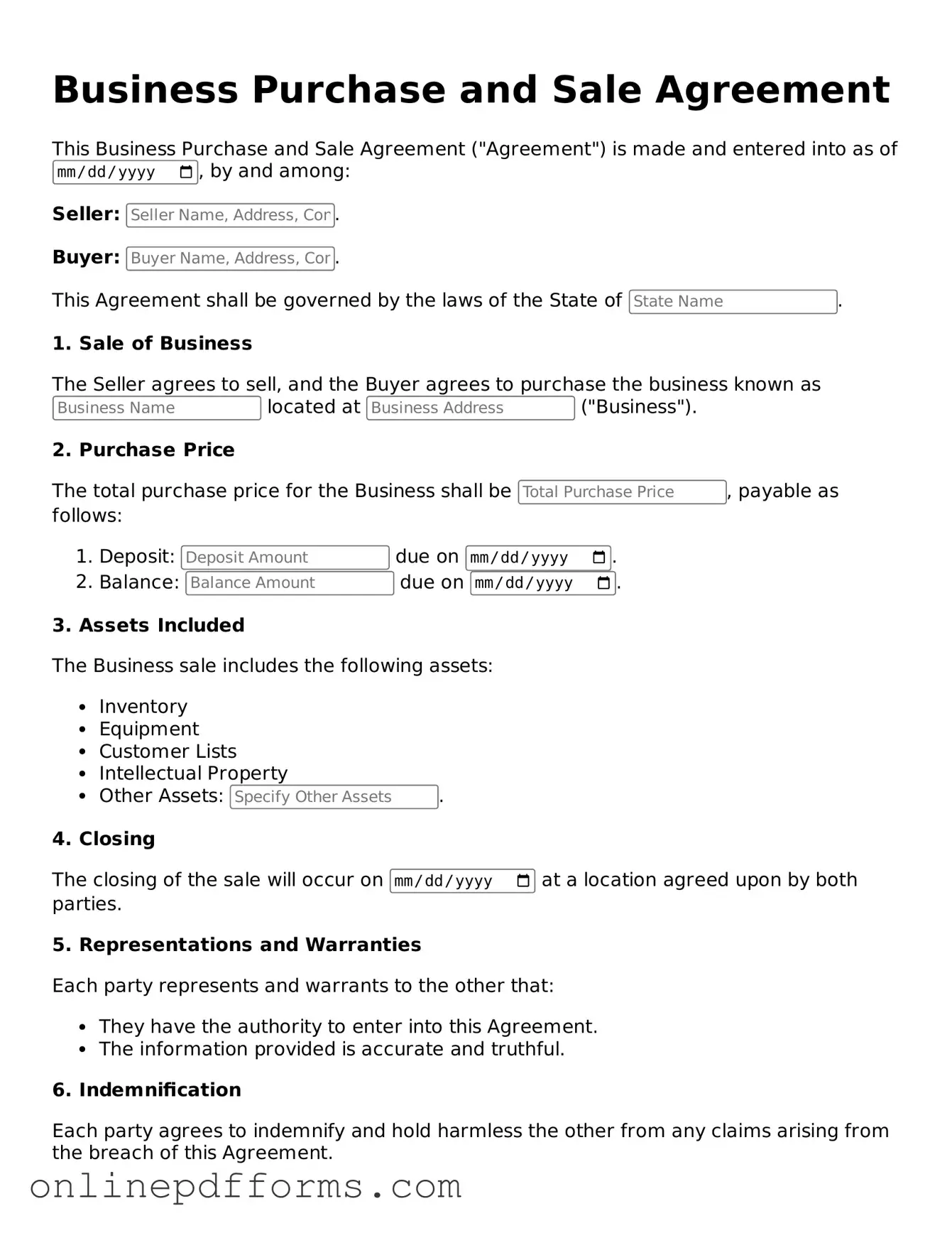 Legal Business Purchase and Sale Agreement Form