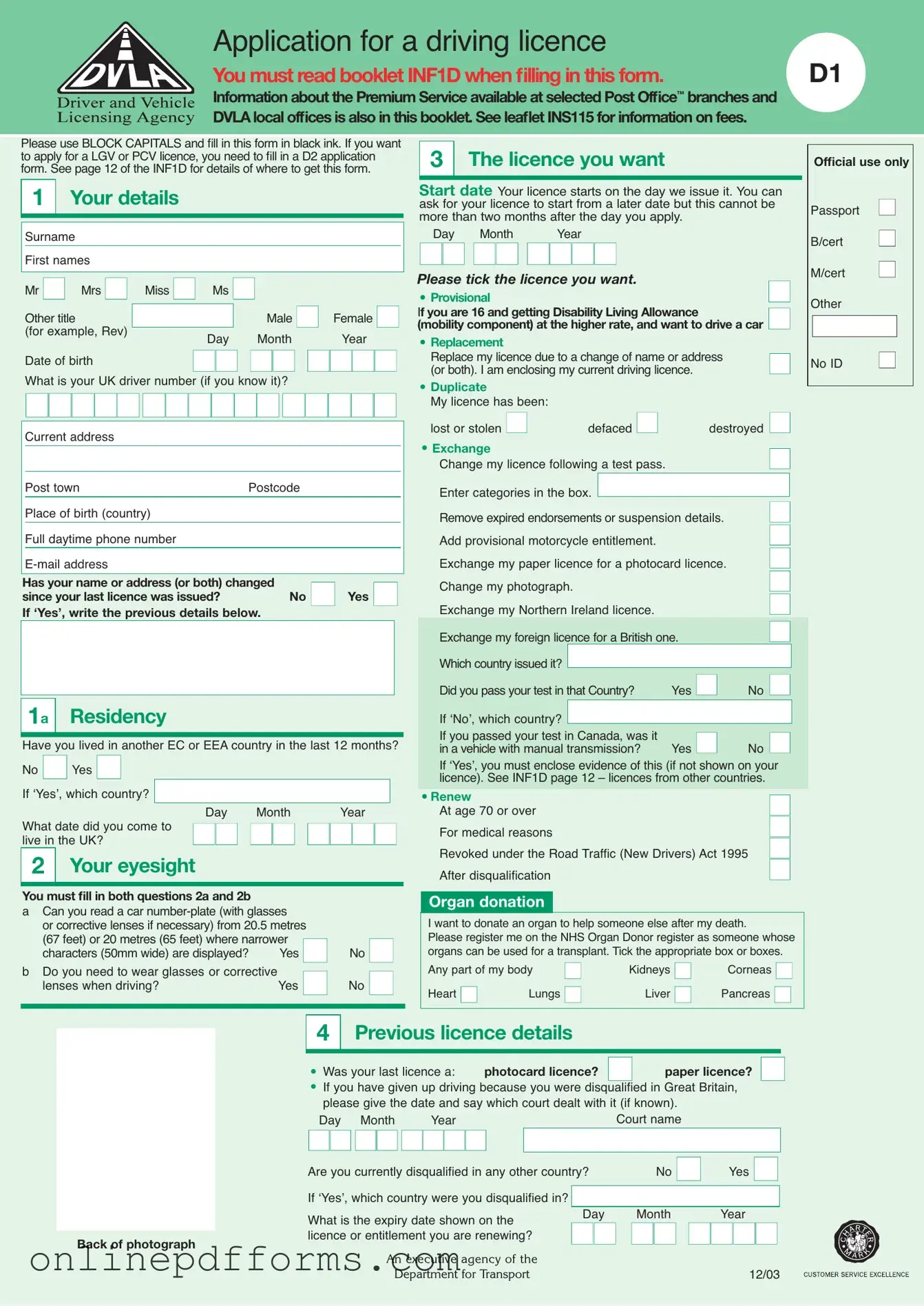 Fill in Your D1 Dvla Template