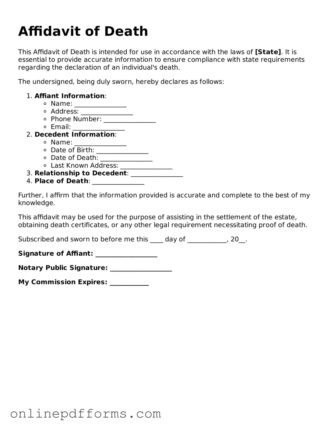 Legal Affidavit of Death Form