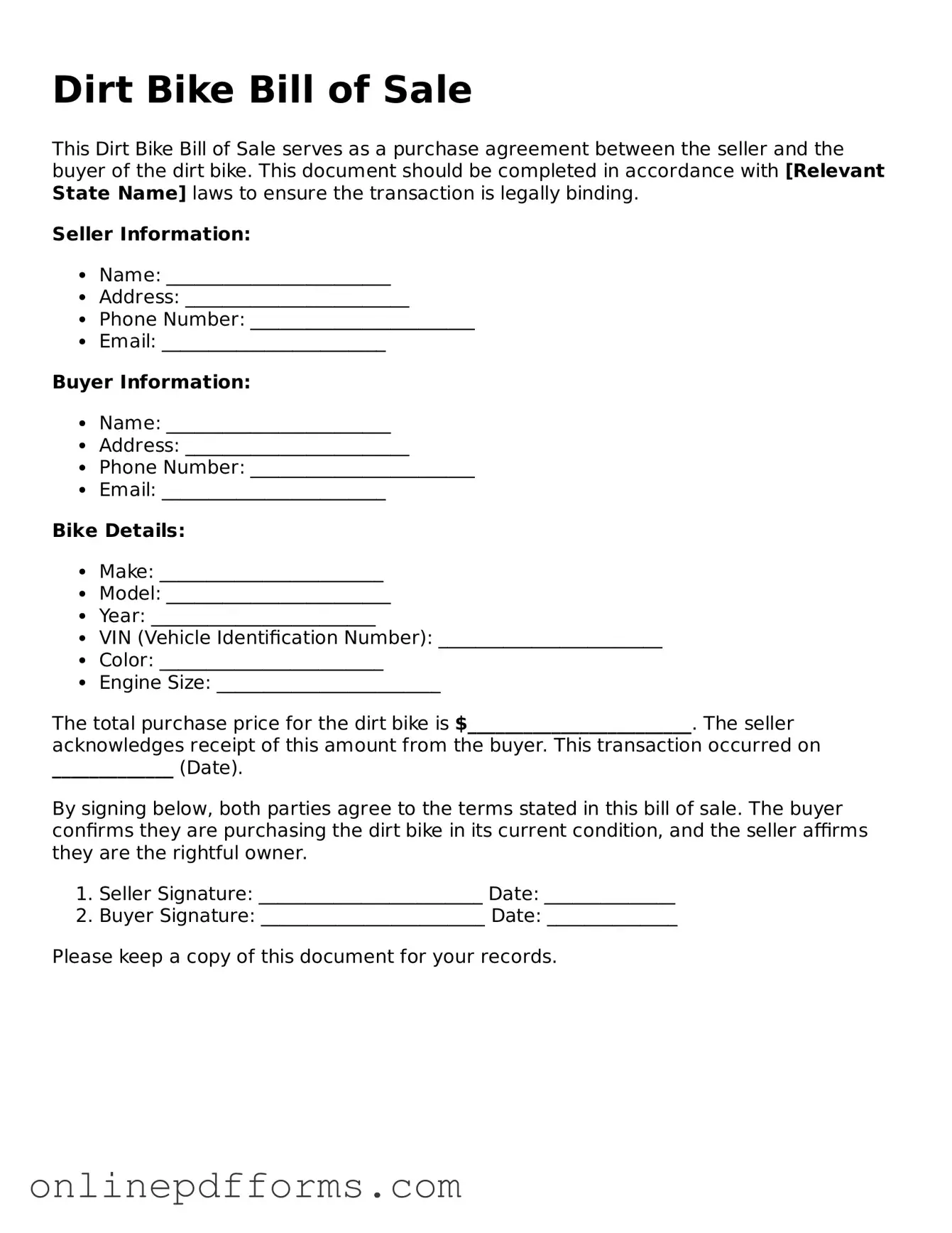 Legal Dirt Bike Bill of Sale Form