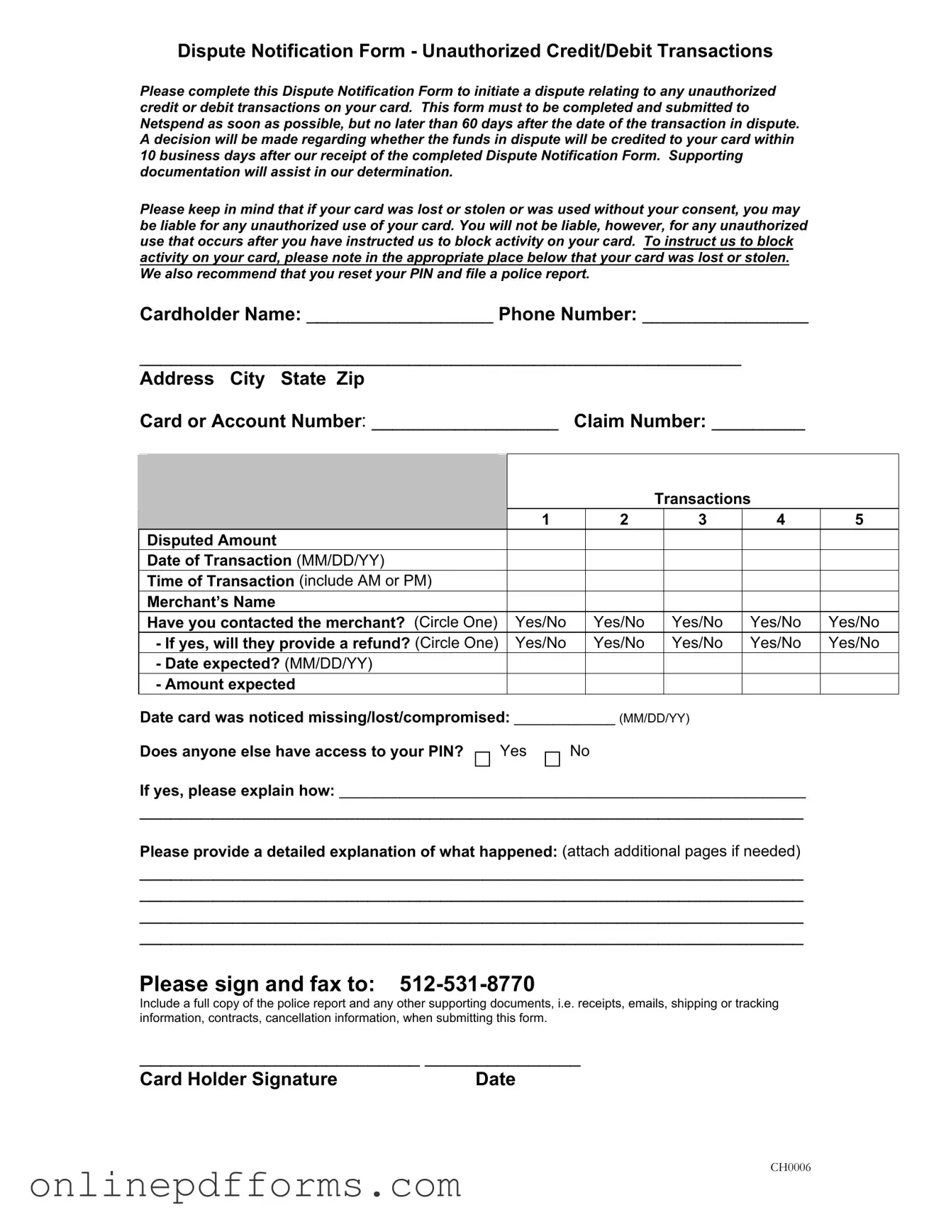 Fill in Your Netspend Dispute Template