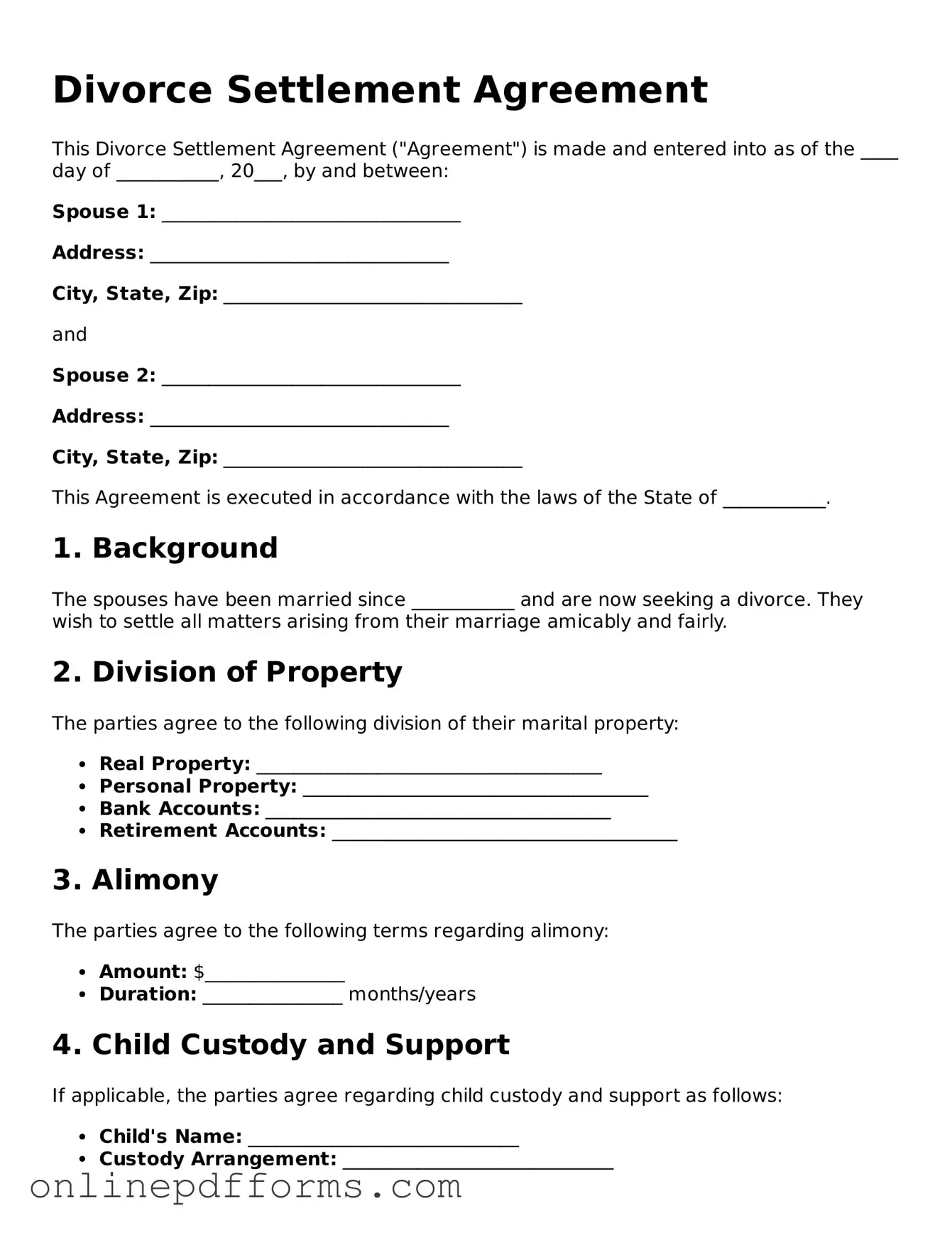 Legal Divorce Settlement Agreement Form