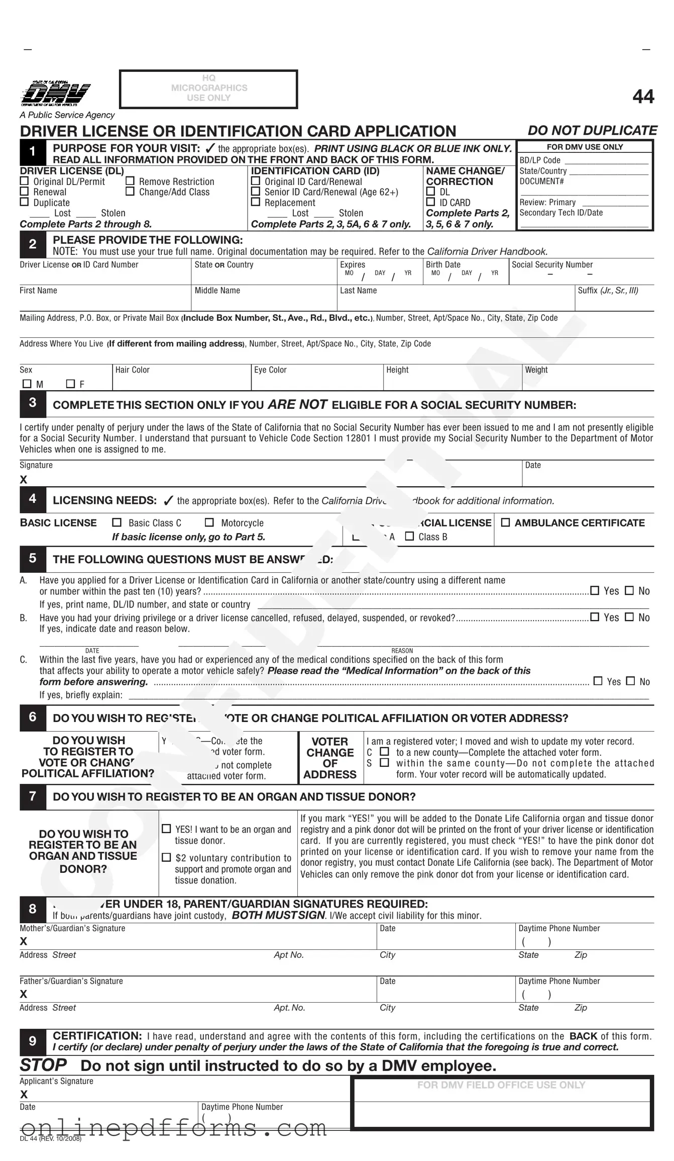 Fill in Your Ca Dmv Dl 44 Template