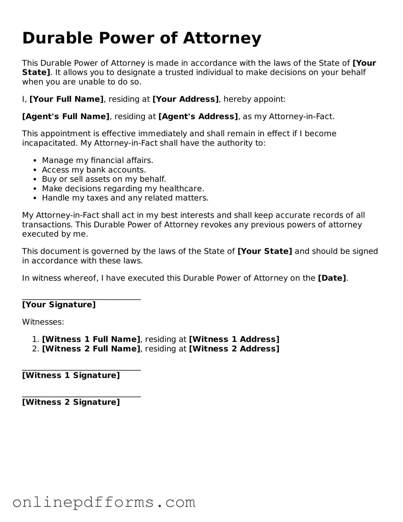 Legal Durable Power of Attorney Form