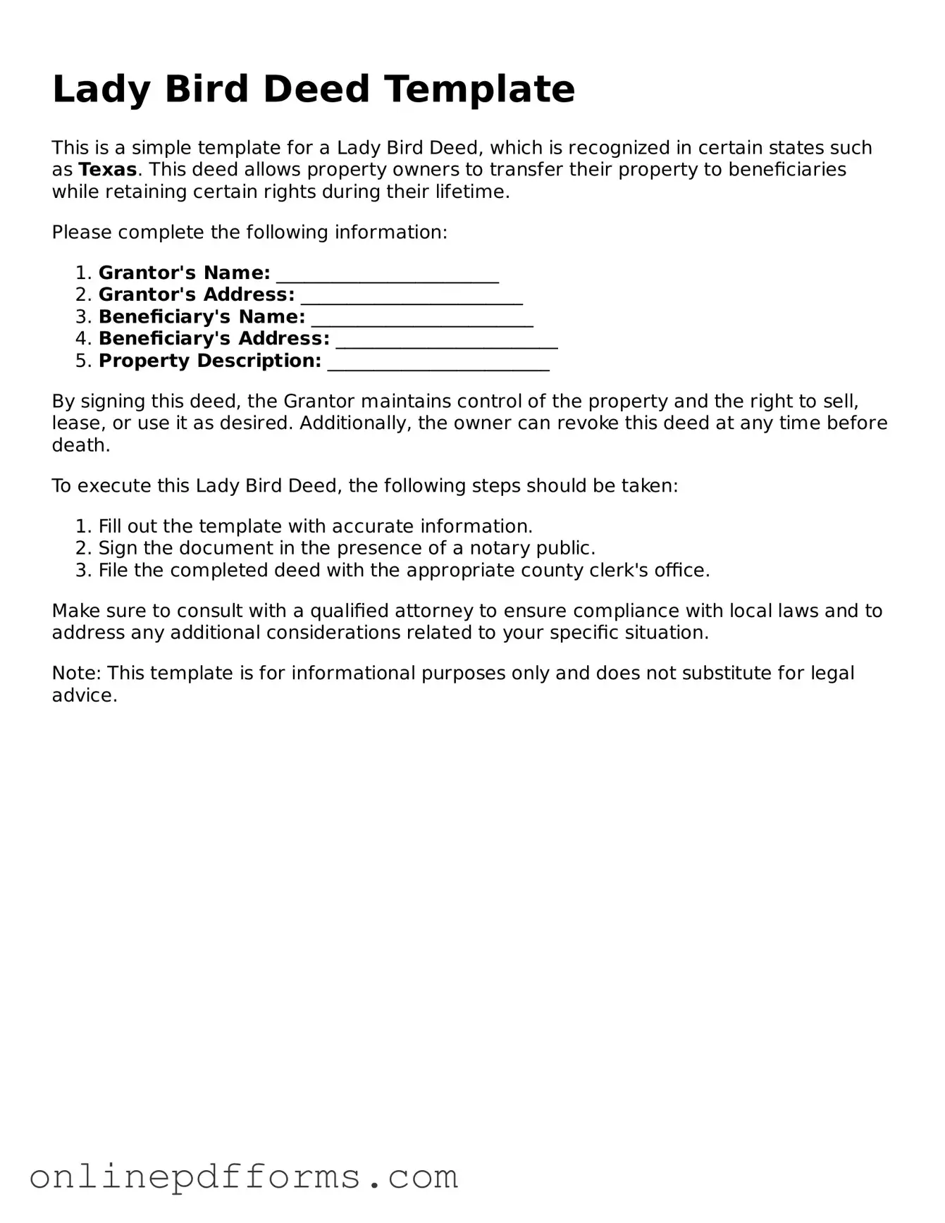 Legal Lady Bird Deed Form