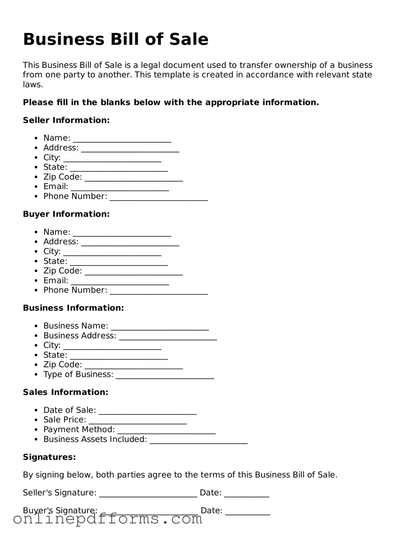 Legal Business Bill of Sale Form