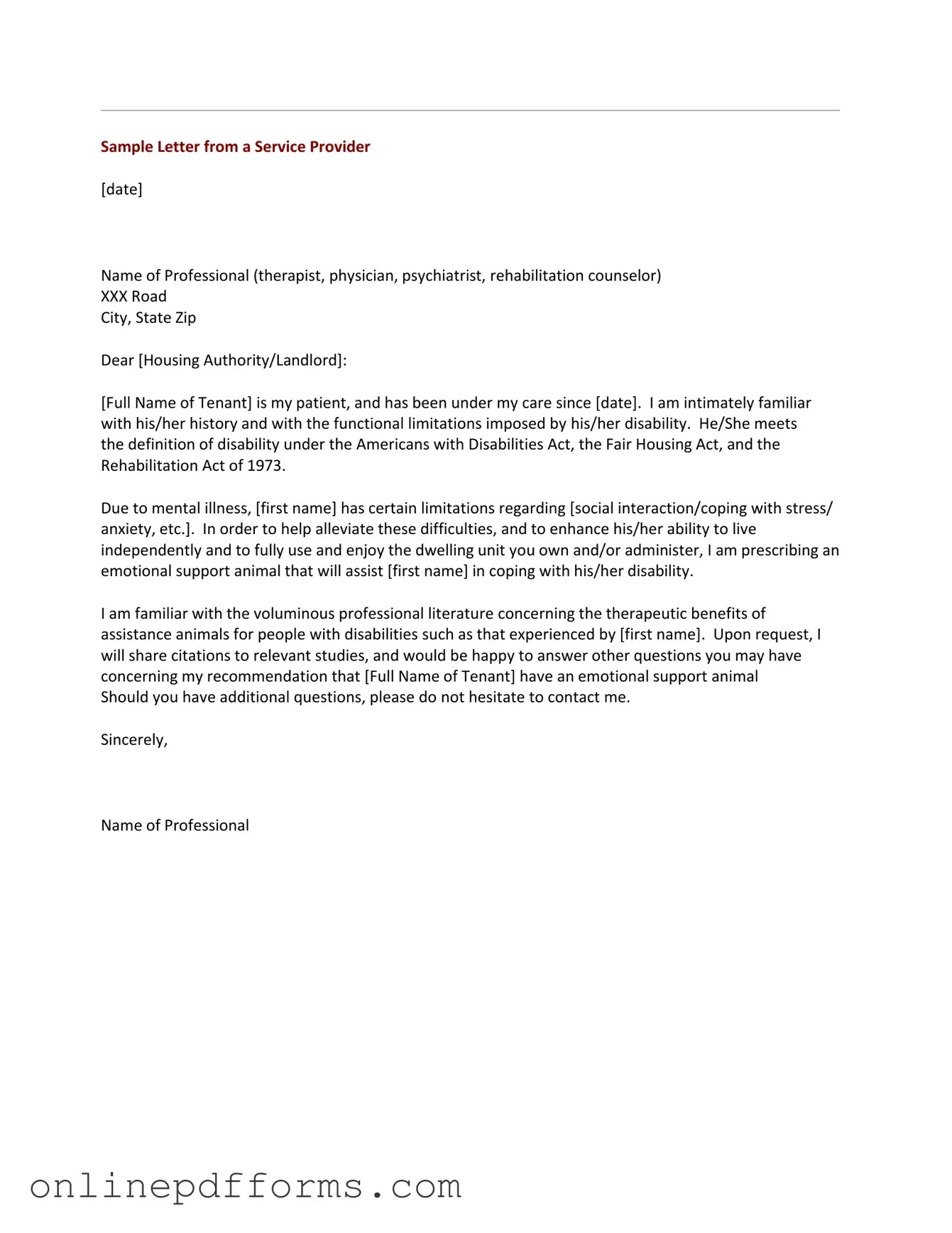 Fill in Your Emotional Support Animal Letter Template