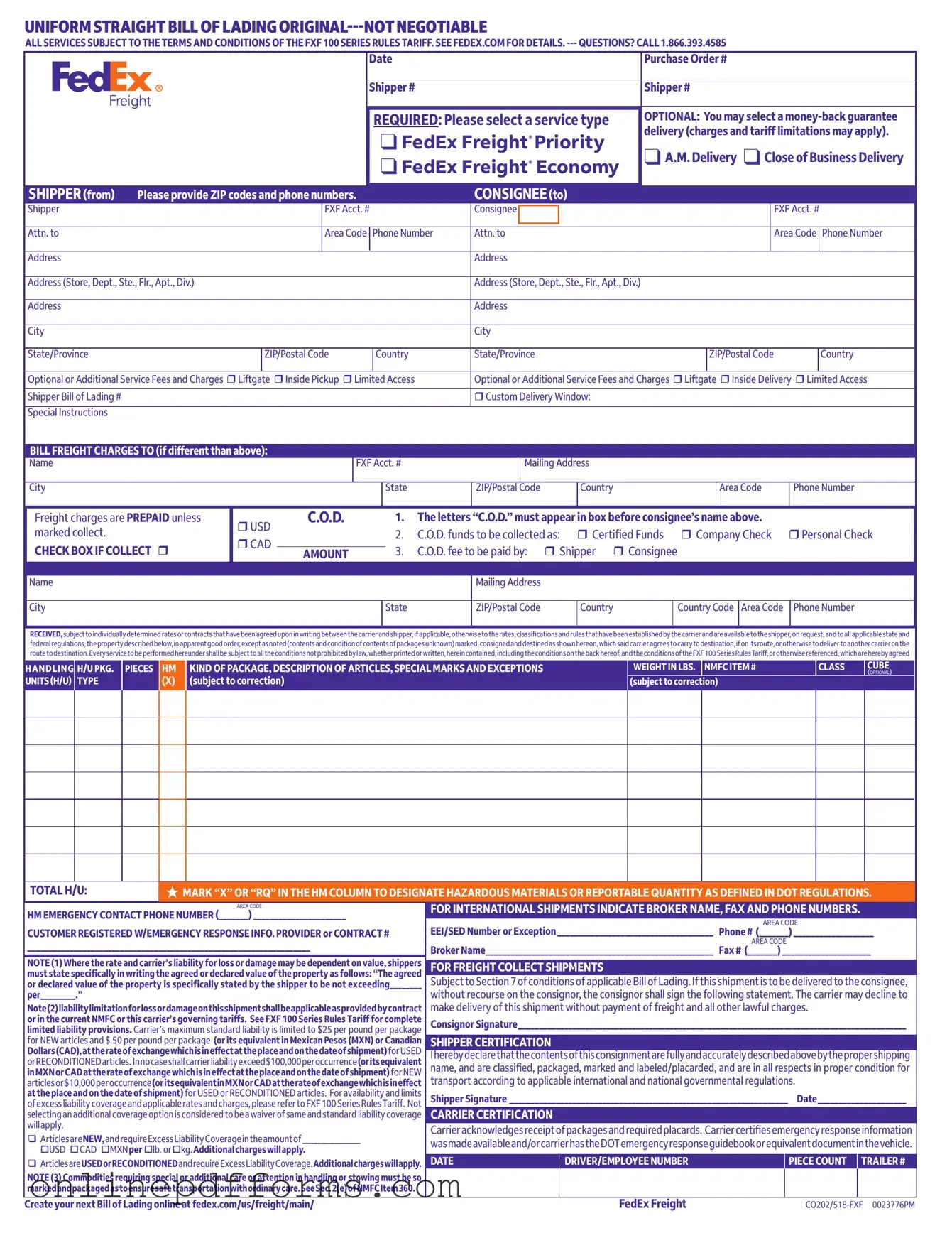 Fill in Your Fedex Bill Of Lading Template