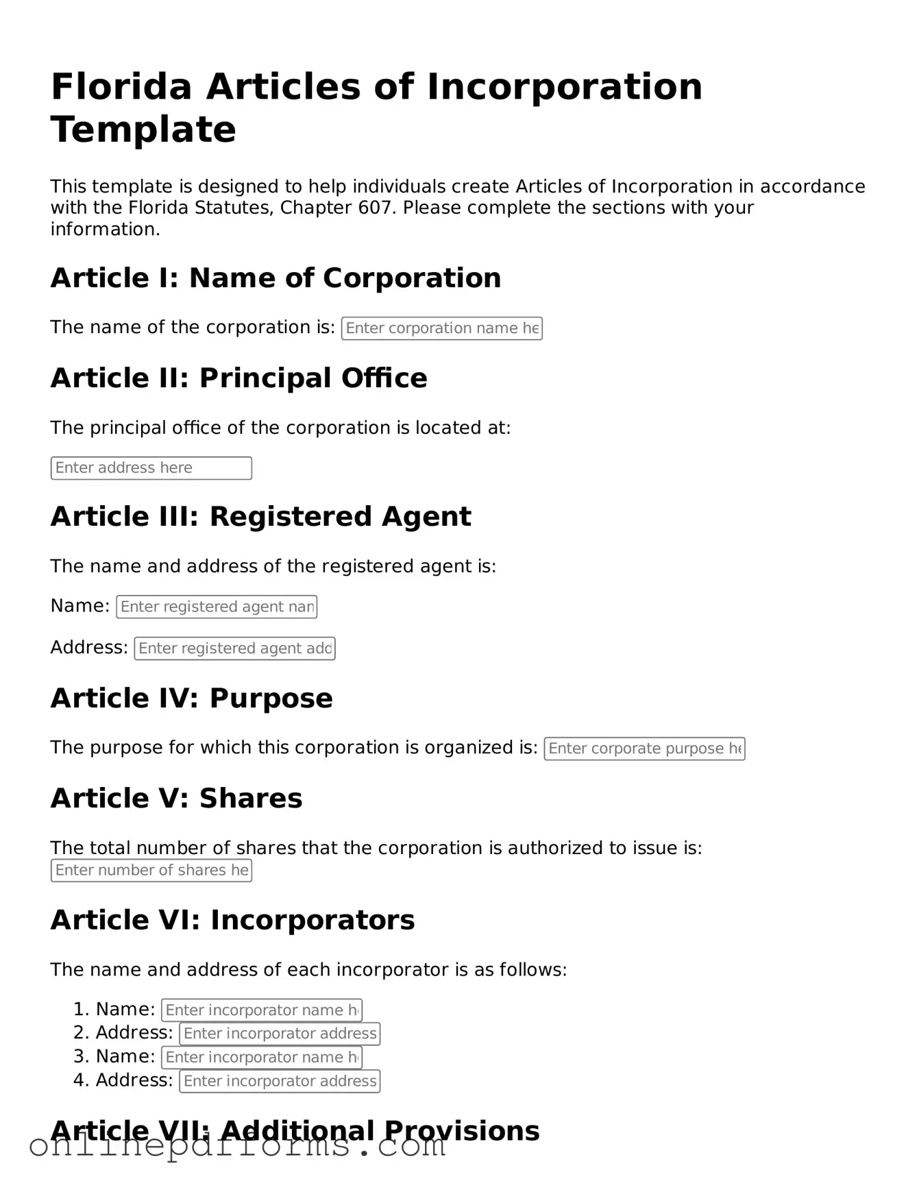 Blank Florida Articles of Incorporation Form