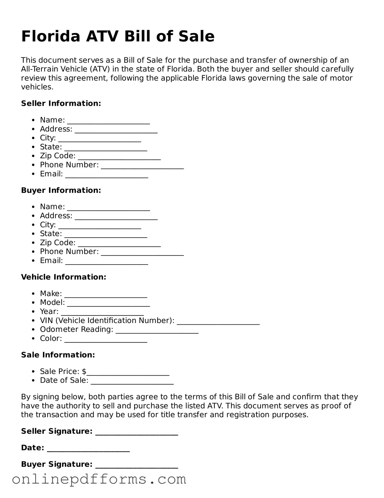 Blank Florida ATV Bill of Sale Form