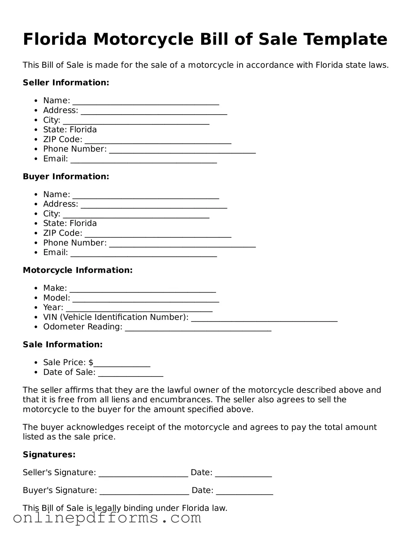 Blank Florida Motorcycle Bill of Sale Form