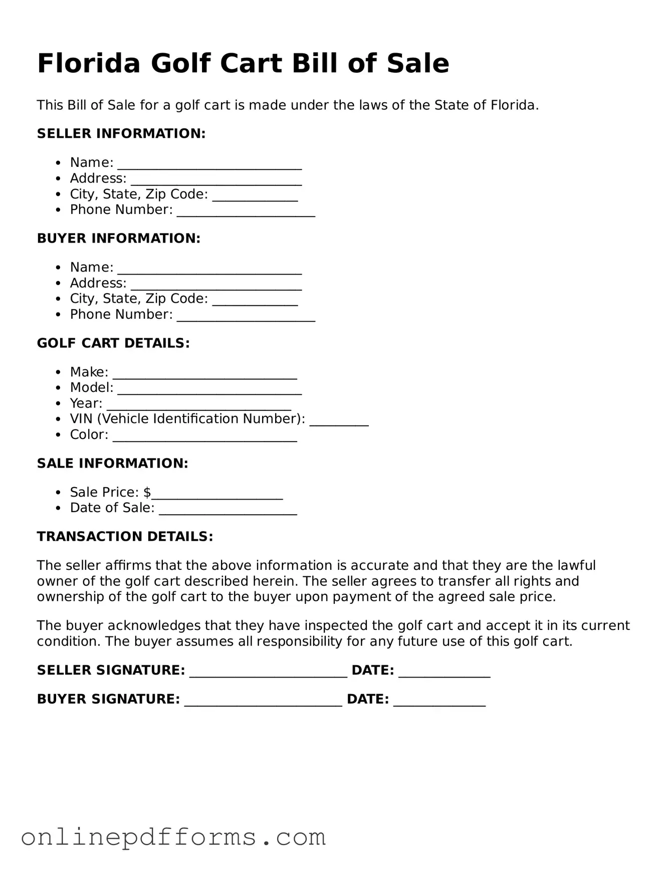Blank Florida Golf Cart Bill of Sale Form