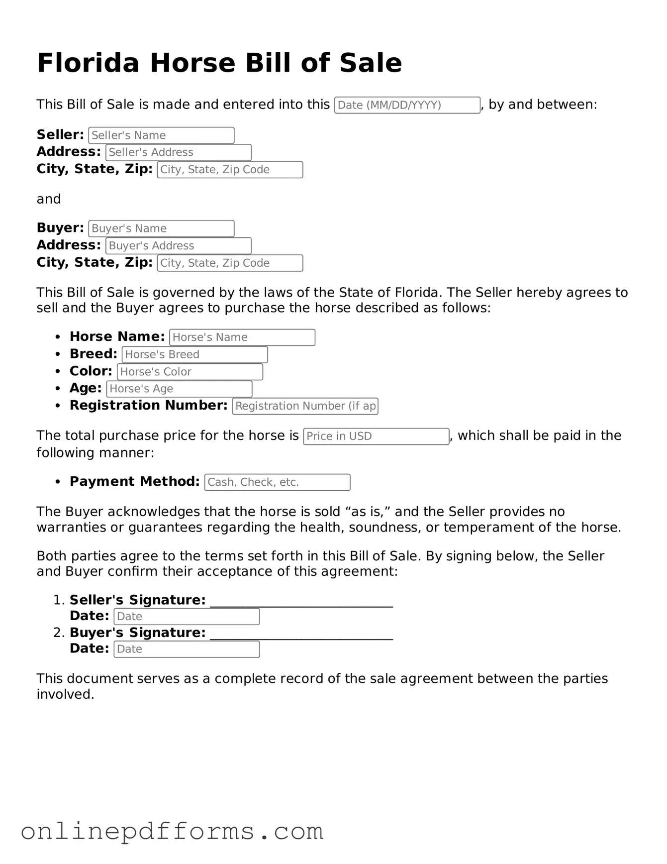 Blank Florida Horse Bill of Sale Form