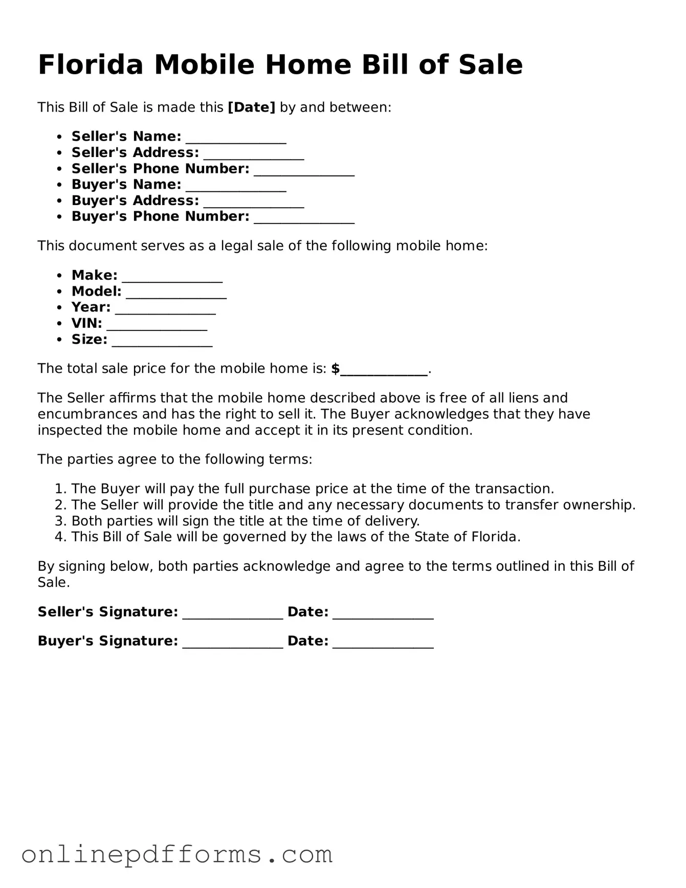 Blank Florida Mobile Home Bill of Sale Form