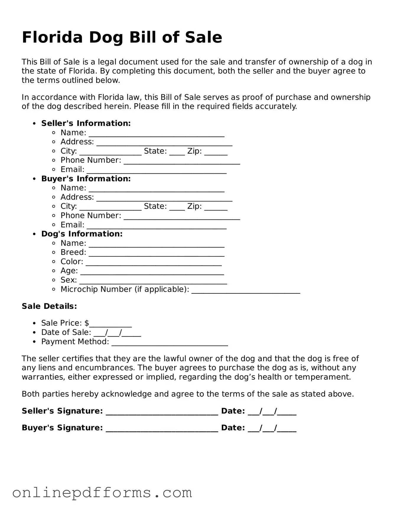 Blank Florida Dog Bill of Sale Form