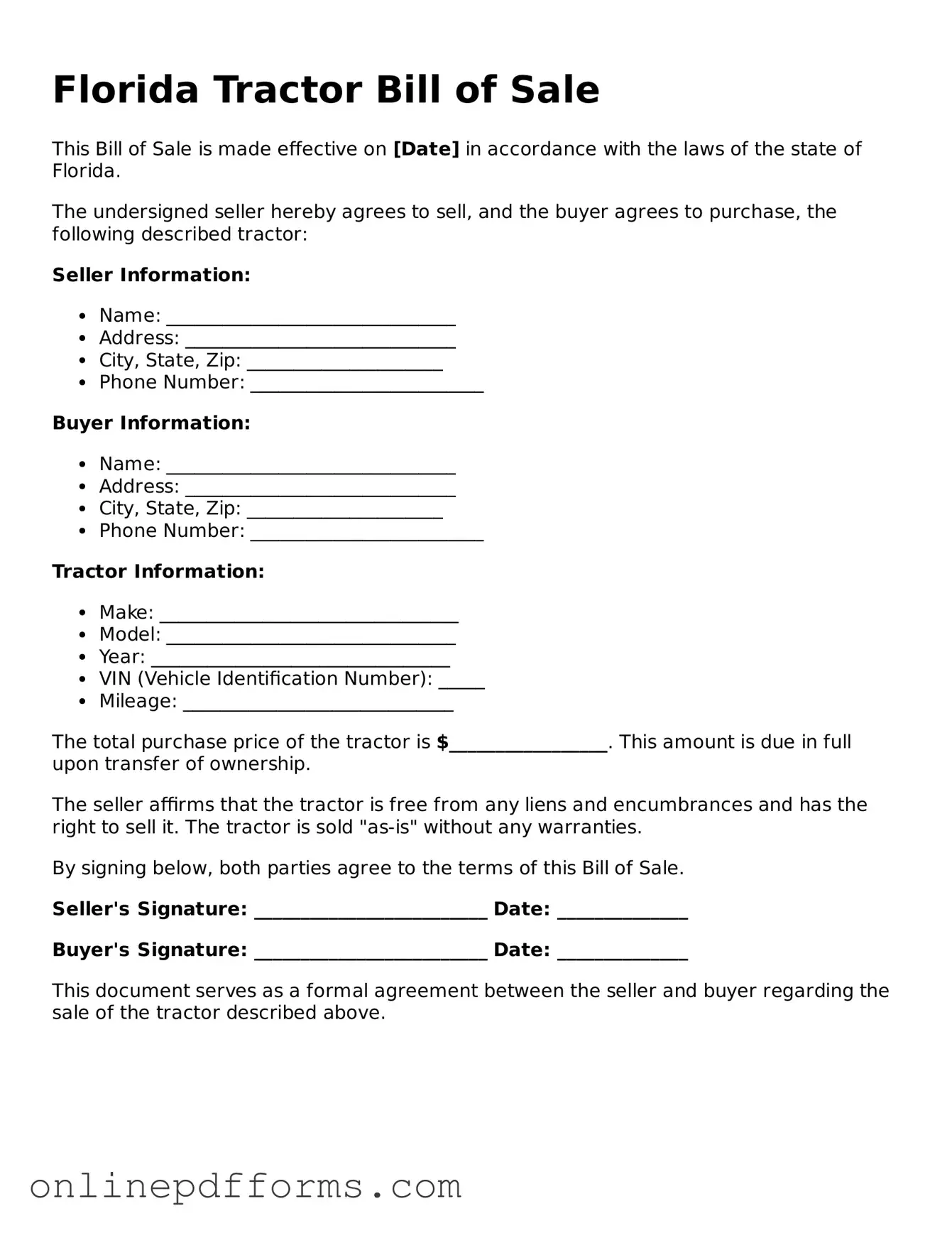 Blank Florida Tractor Bill of Sale Form