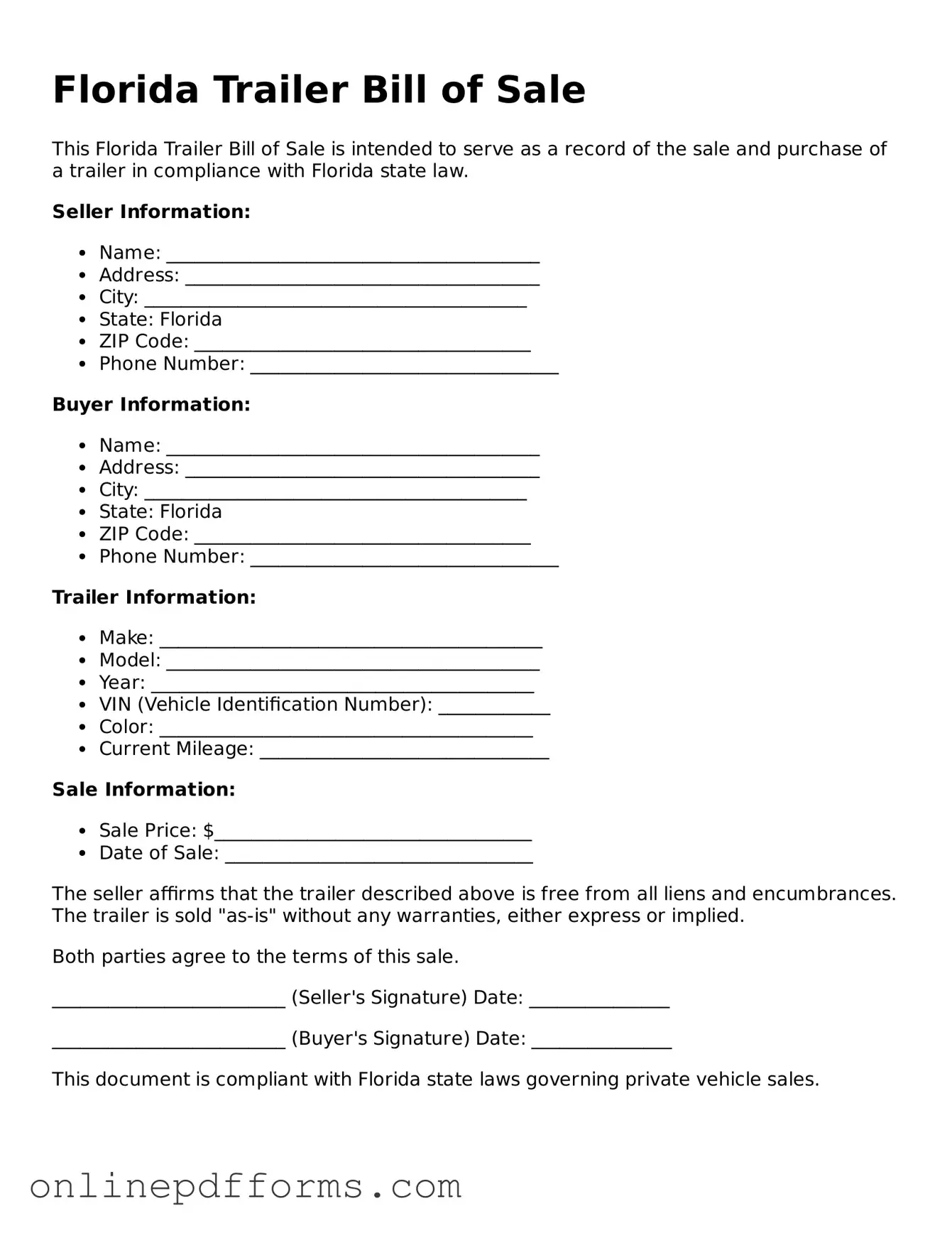 Blank Florida Trailer Bill of Sale Form