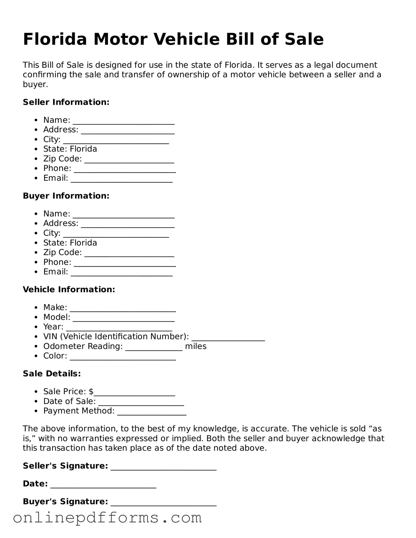 Blank Florida Motor Vehicle Bill of Sale Form
