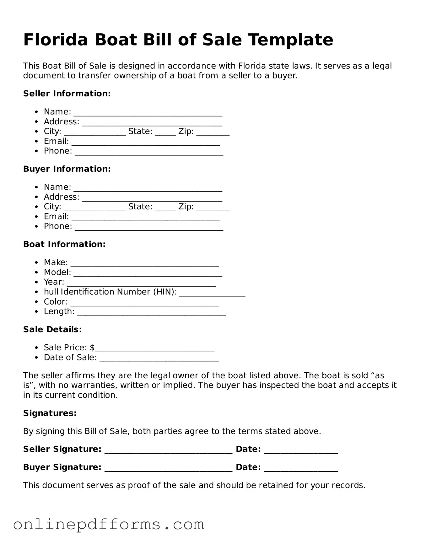 Blank Florida Boat Bill of Sale Form