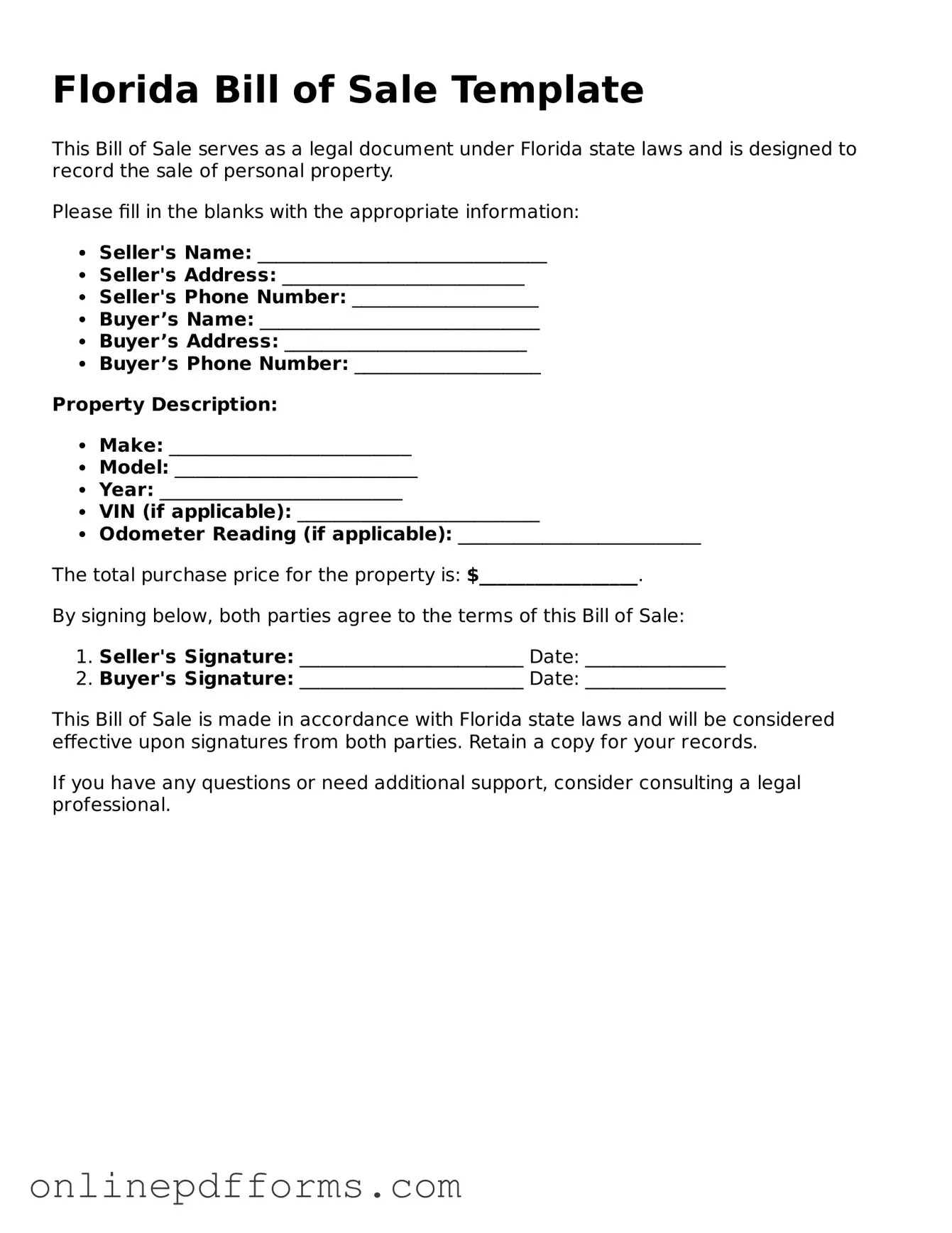 Blank Florida Bill of Sale Form