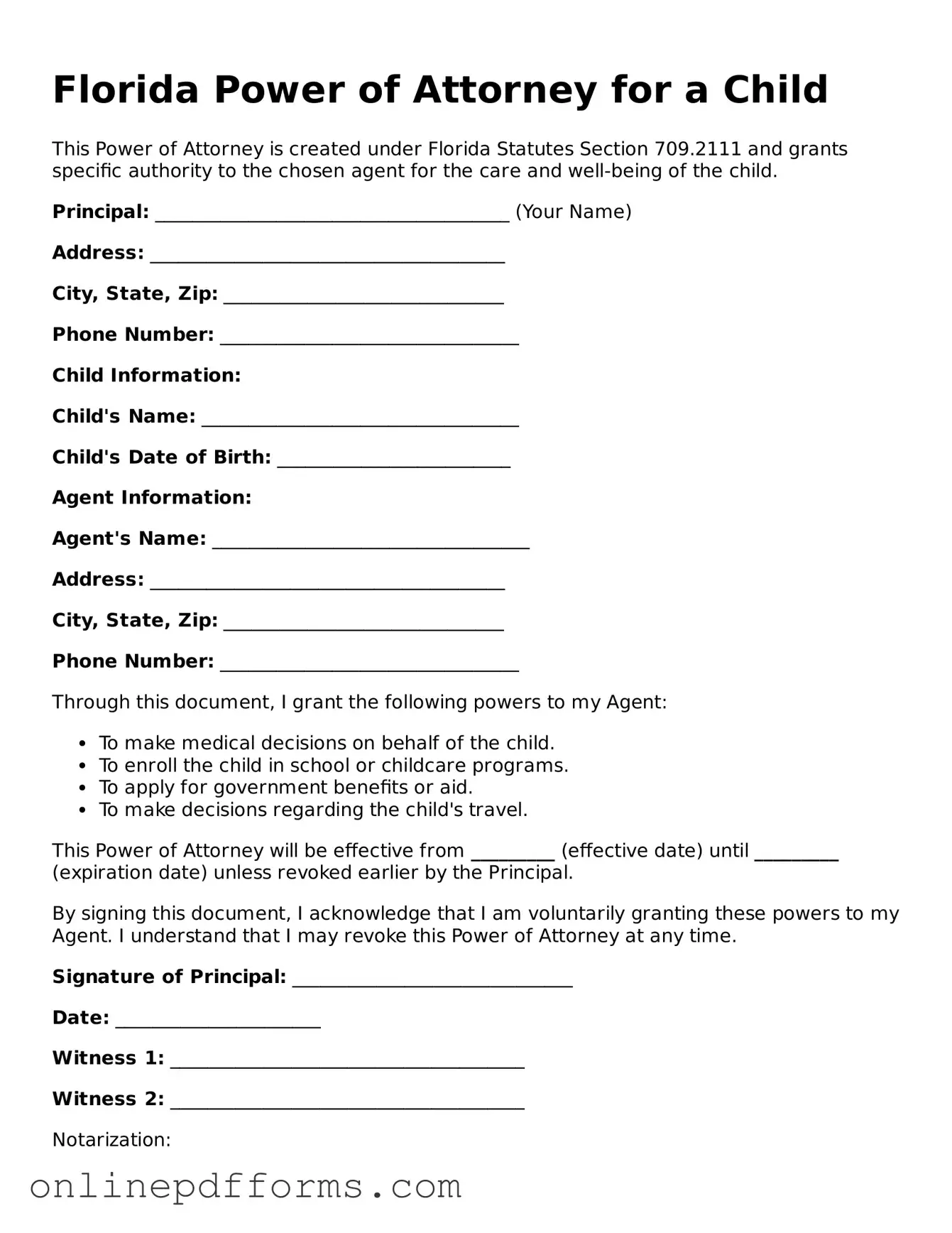 Blank Florida Power of Attorney for a Child Form