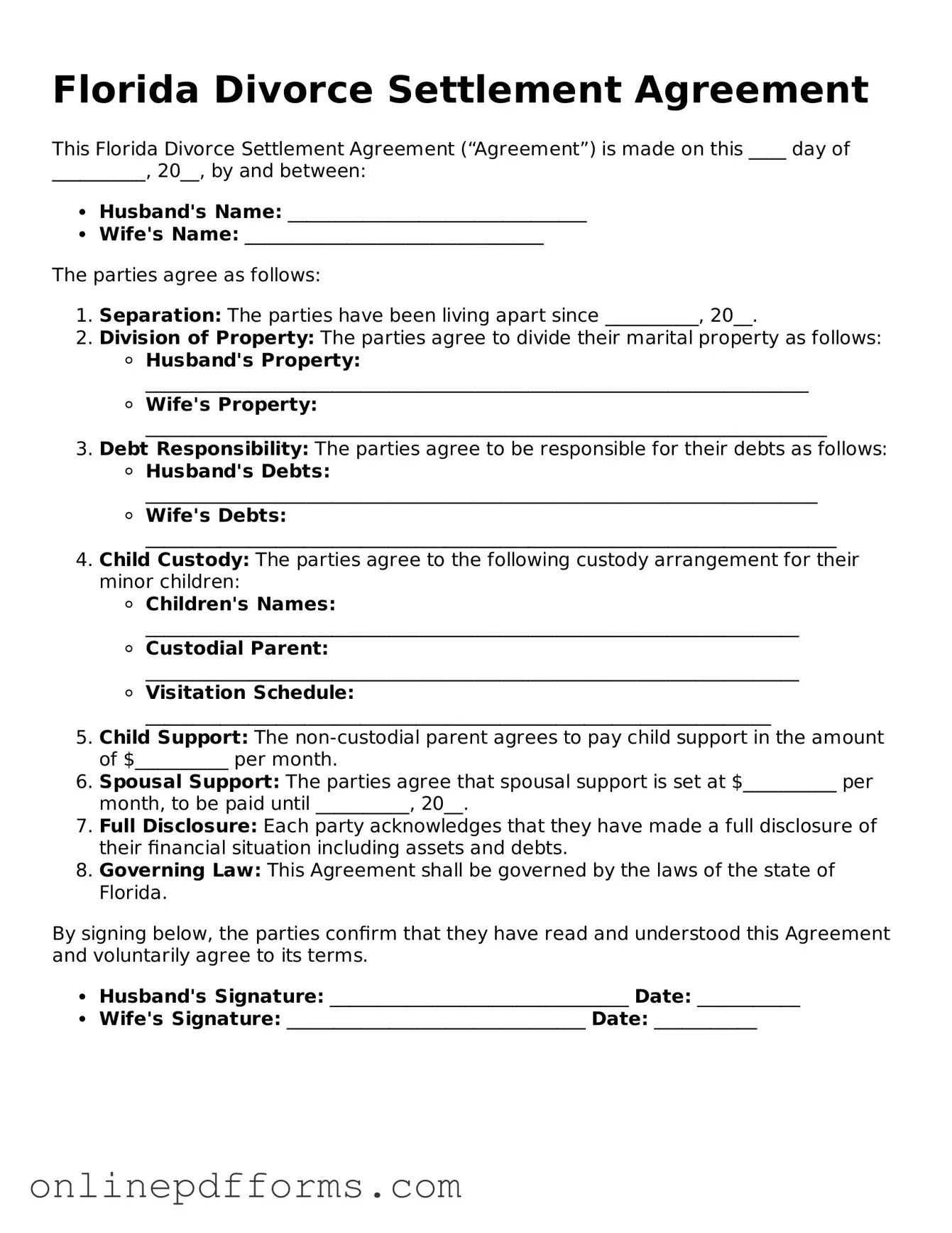 Blank Florida Divorce Settlement Agreement Form