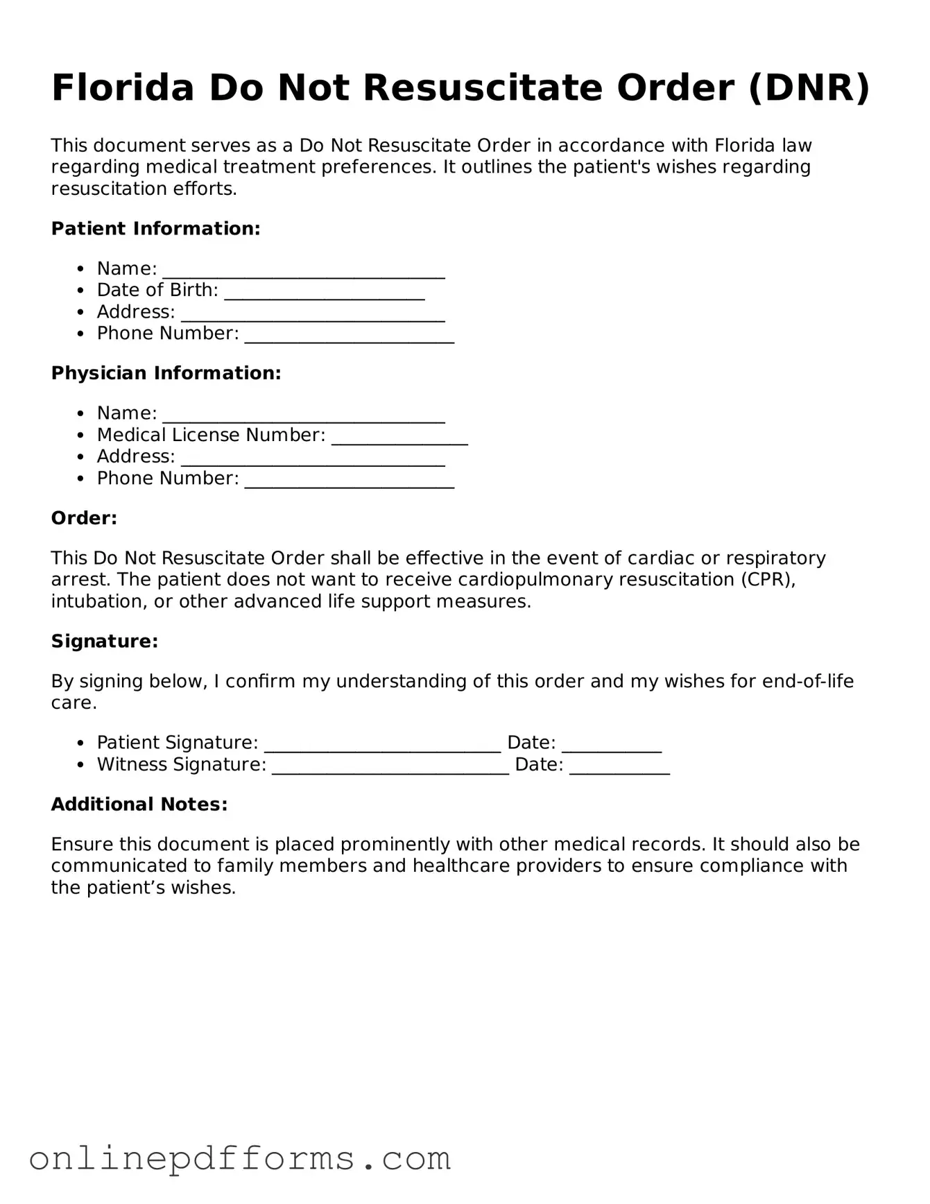 Blank Florida Do Not Resuscitate Order Form