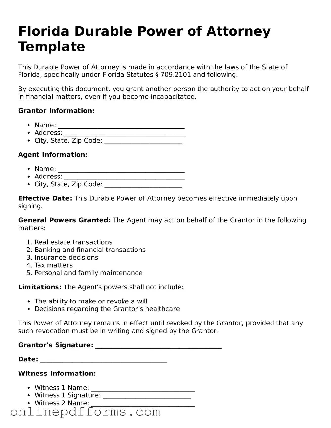 Blank Florida Durable Power of Attorney Form