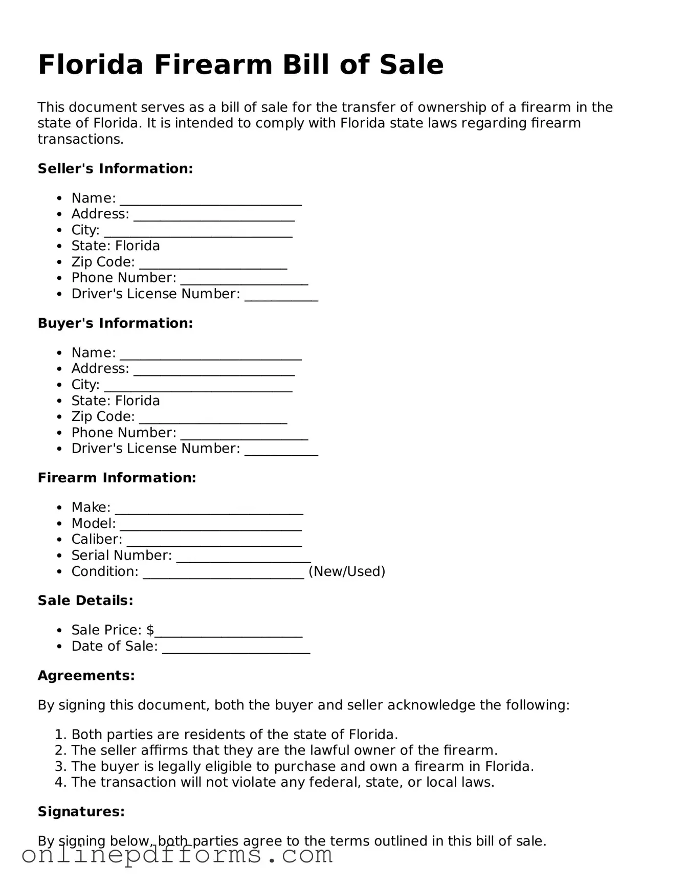 Blank Florida Firearm Bill of Sale Form