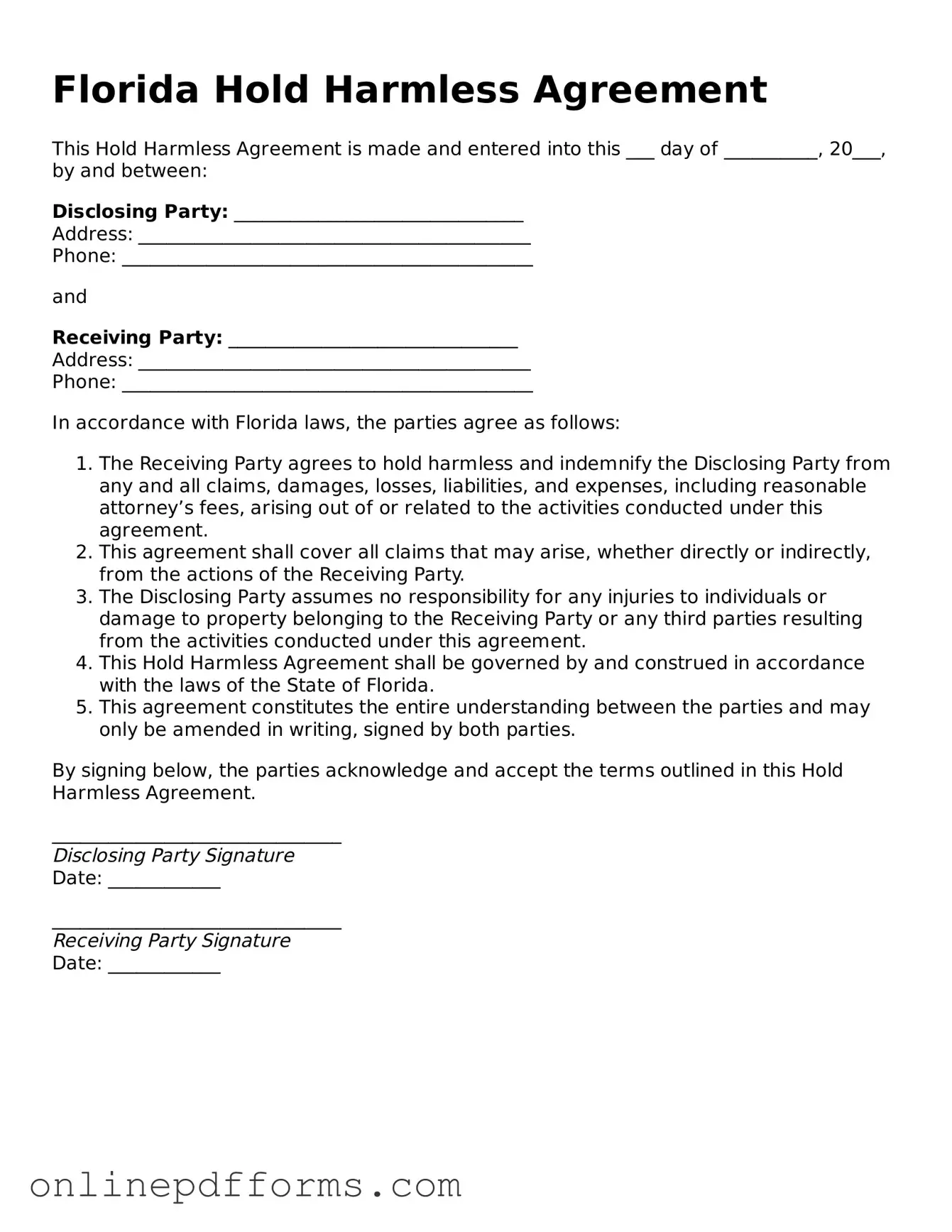 Blank Florida Hold Harmless Agreement Form