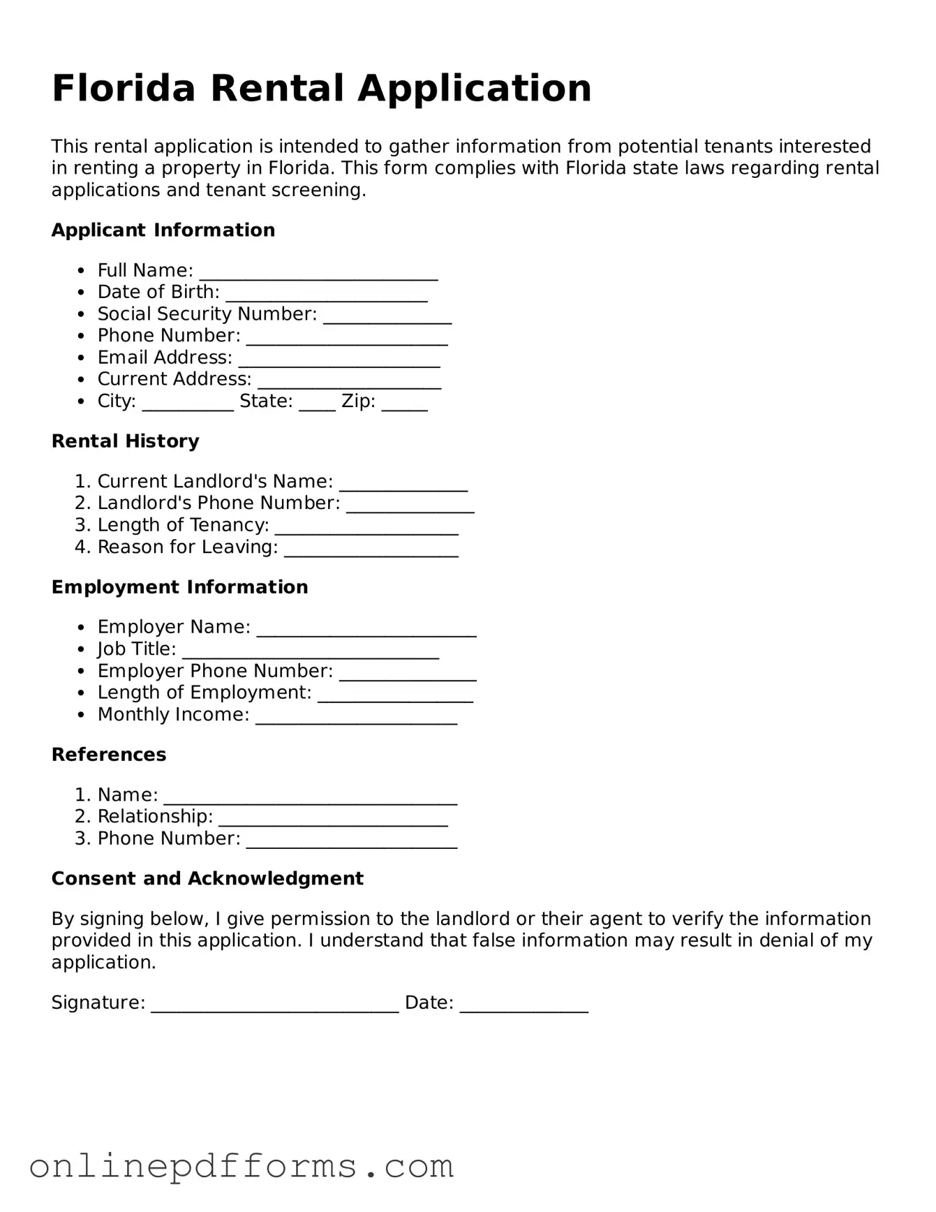 Blank Florida Rental Application Form